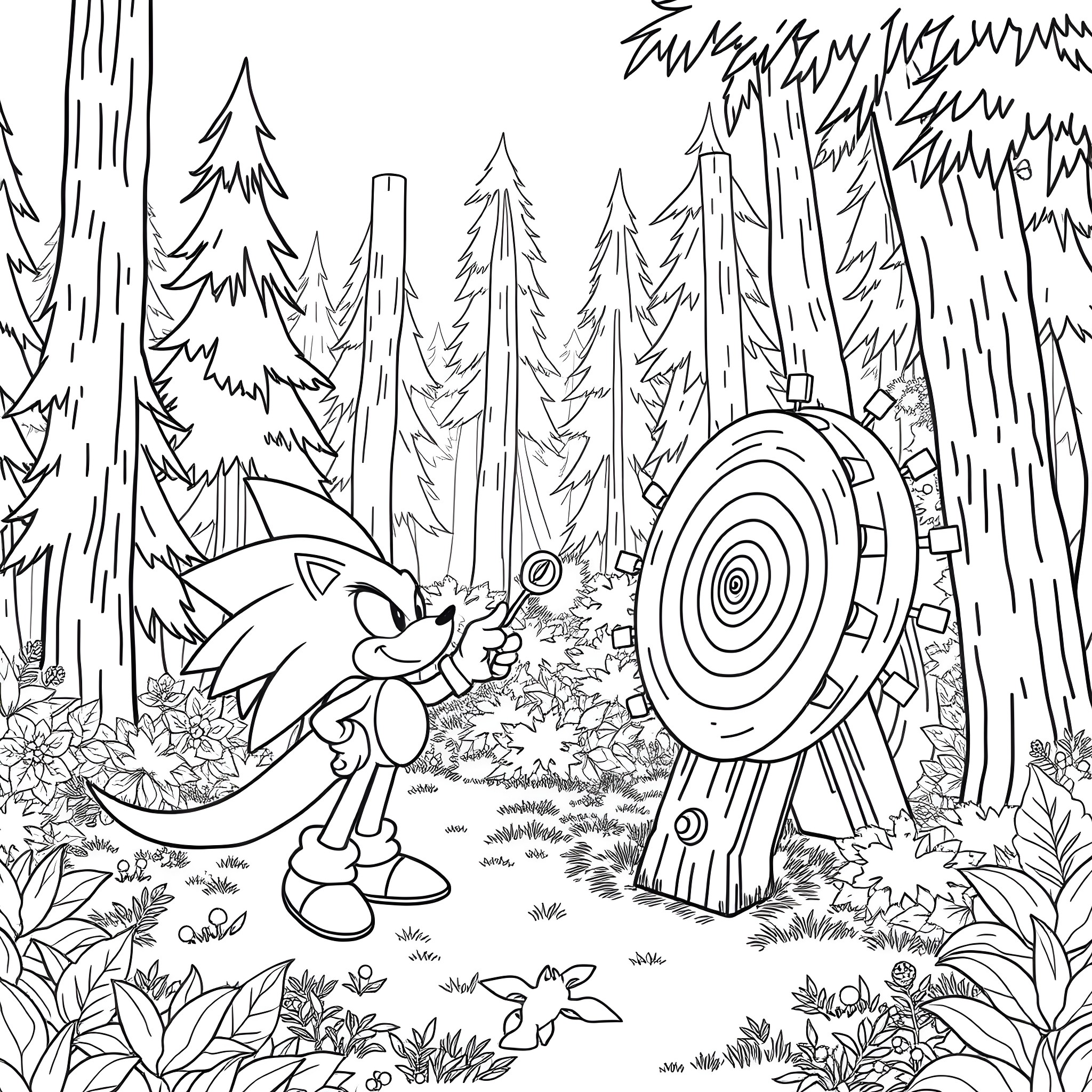 Triceratops exploring a magical forest Coloring Page (free black-and-white line drawing printable PDF for all, from beginners to advanced learners, including children, teens, adults, and seniors)