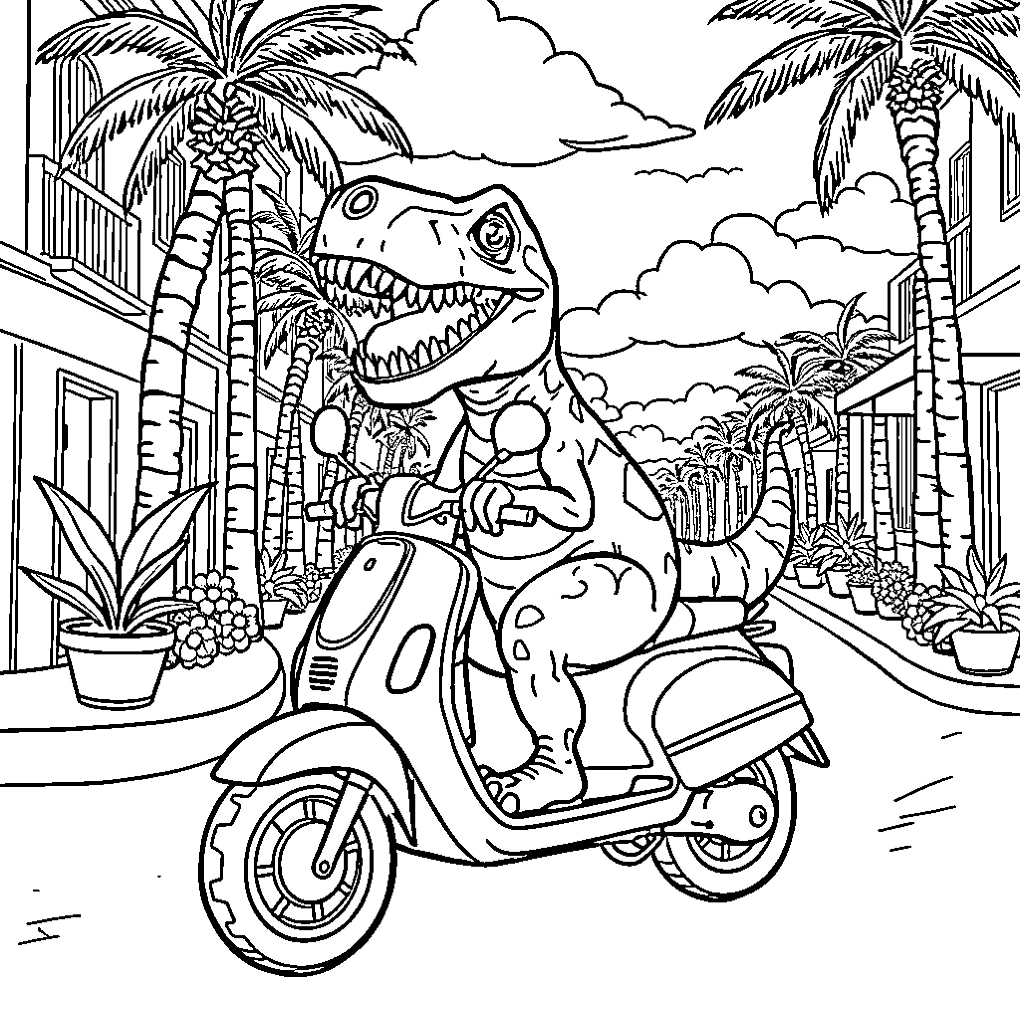 T-Rex riding a scooter through a tropical landscape Coloring Page (free black-and-white line drawing printable PDF for all, from beginners to advanced learners, including children, teens, adults, and seniors)