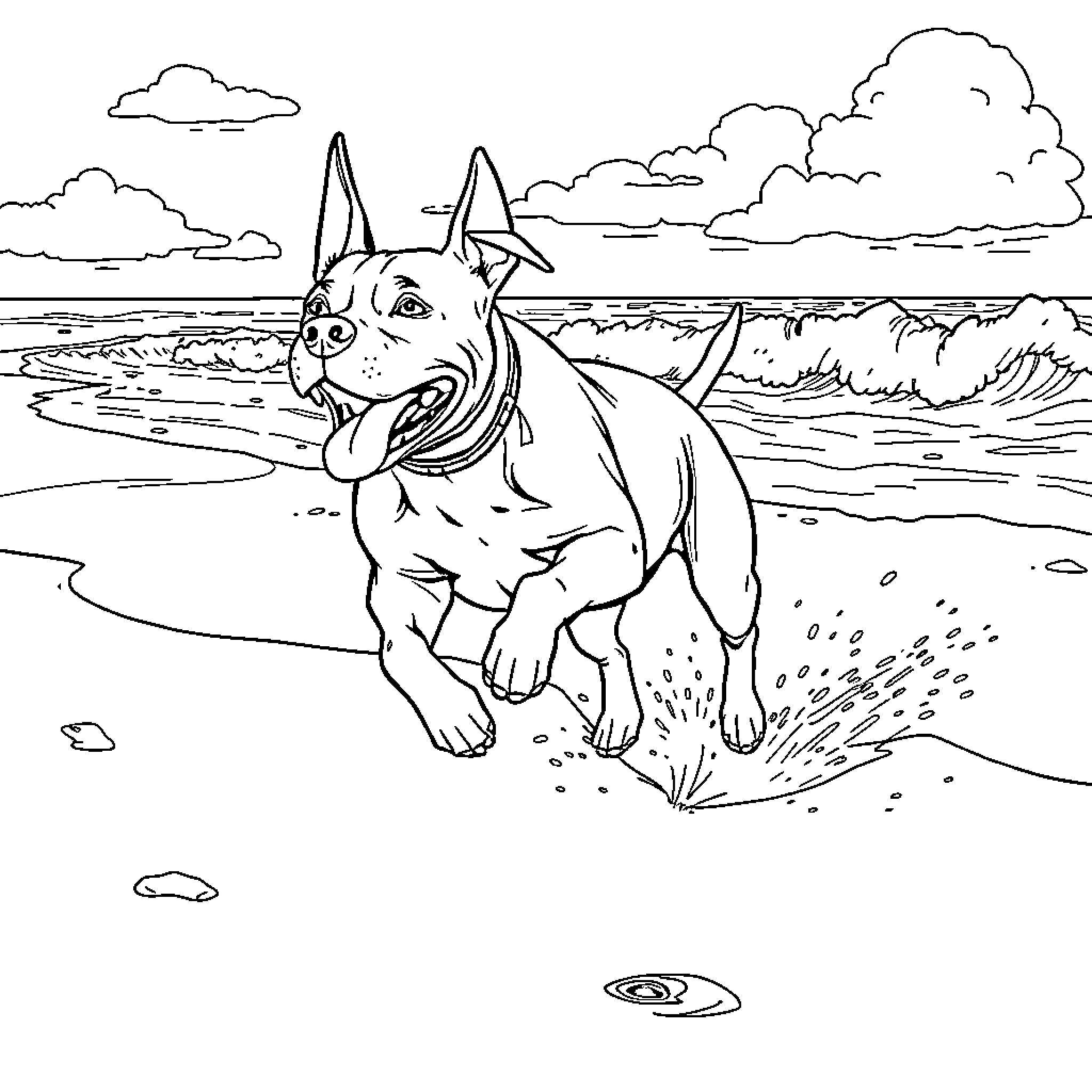 Pitbull playing joyfully on the beach Coloring Page (free black-and-white line drawing printable PDF for all, from beginners to advanced learners, including children, teens, adults, and seniors)