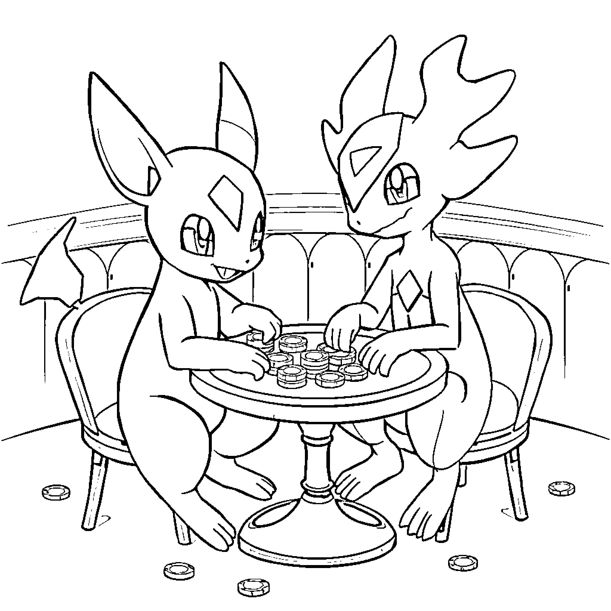 Mew Playing Card Game with Friends Coloring Page (free black-and-white line drawing printable PDF for all, from beginners to advanced learners, including children, teens, adults, and seniors)