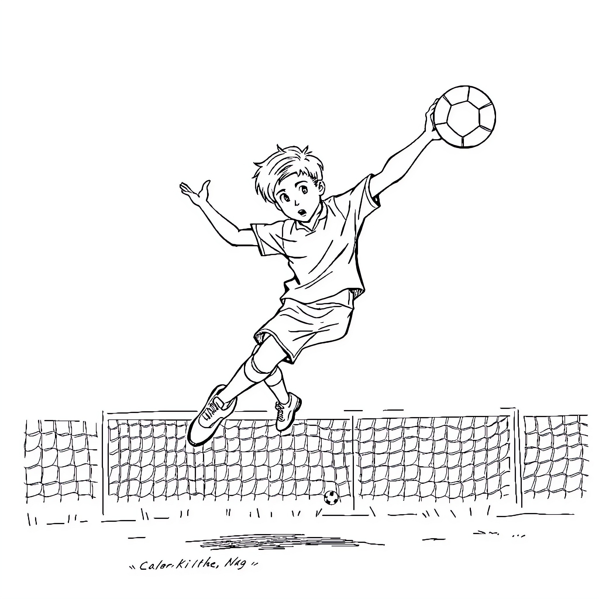 Boy jumping to kick soccer ball over net Coloring Page (free black-and-white line drawing printable PDF for all, from beginners to advanced learners, including children, teens, adults, and seniors)
