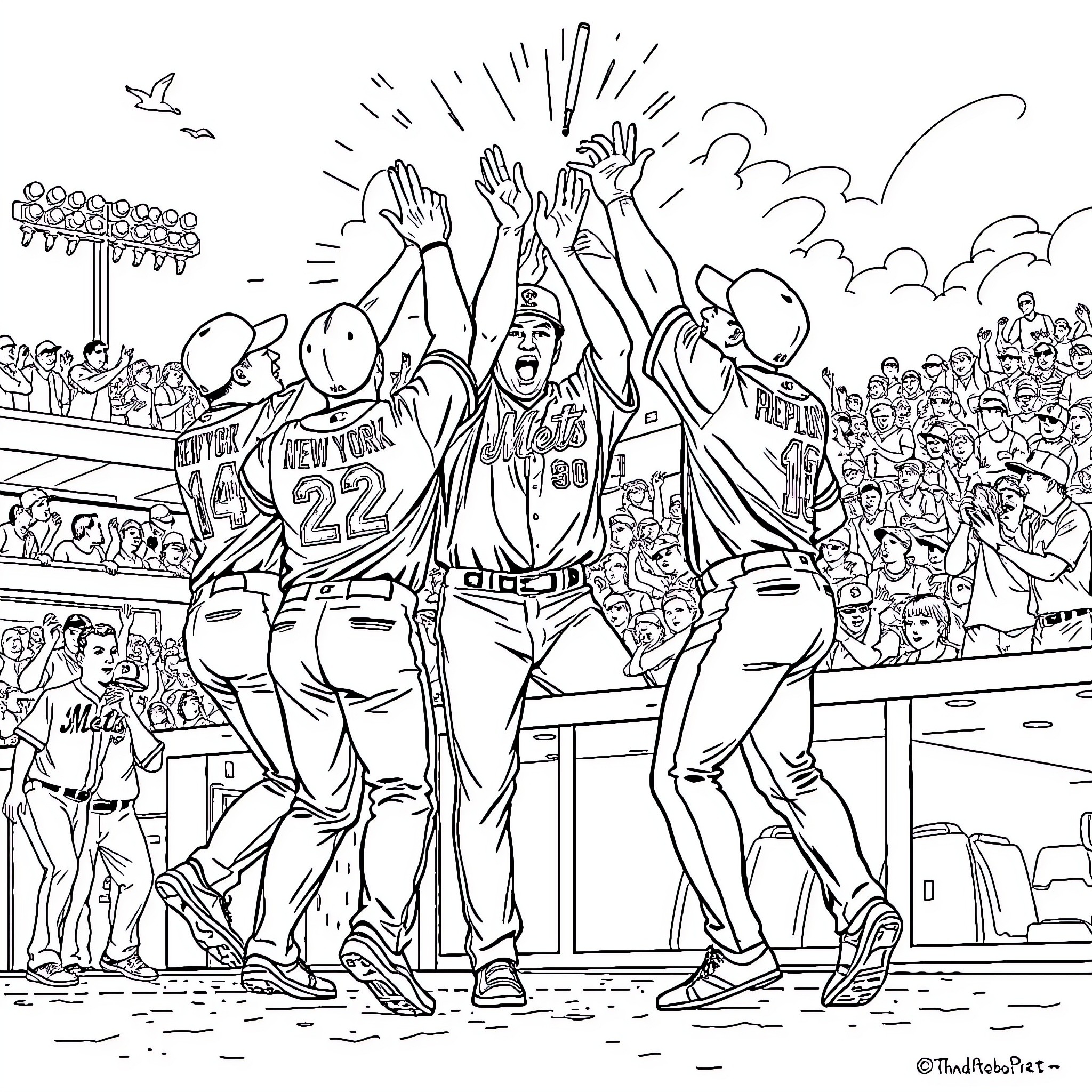Mets players celebrating victory on the field Coloring Page (free black-and-white line drawing printable PDF for all, from beginners to advanced learners, including children, teens, adults, and seniors)