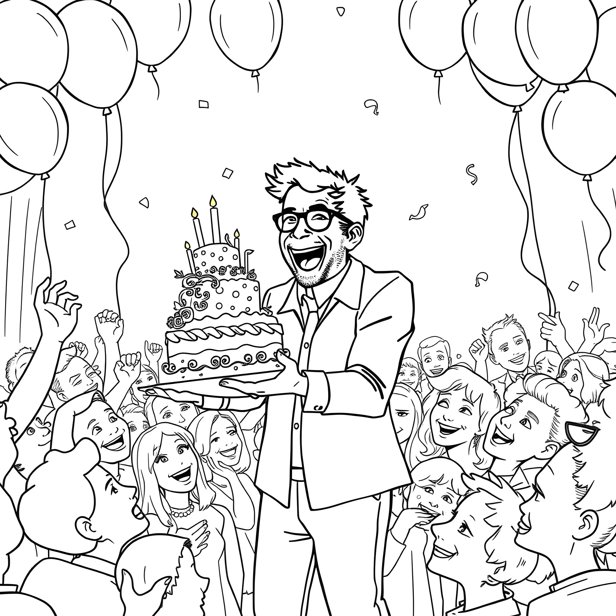 Andy Samberg celebrating with friends at a birthday party Coloring Page (free black-and-white line drawing printable PDF for all, from beginners to advanced learners, including children, teens, adults, and seniors)