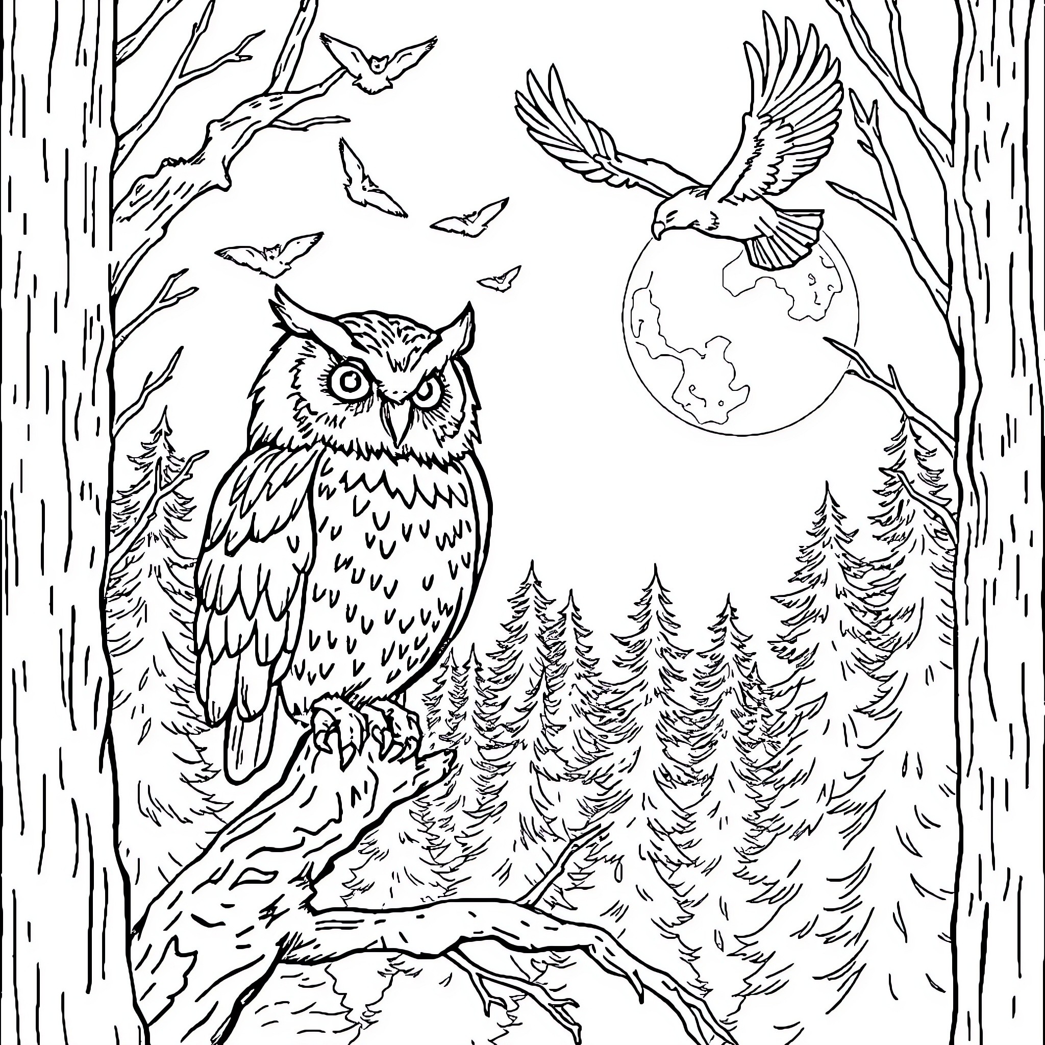 Owl soaring over enchanted forest with glowing moon Coloring Page (free black-and-white line drawing printable PDF for all, from beginners to advanced learners, including children, teens, adults, and seniors)