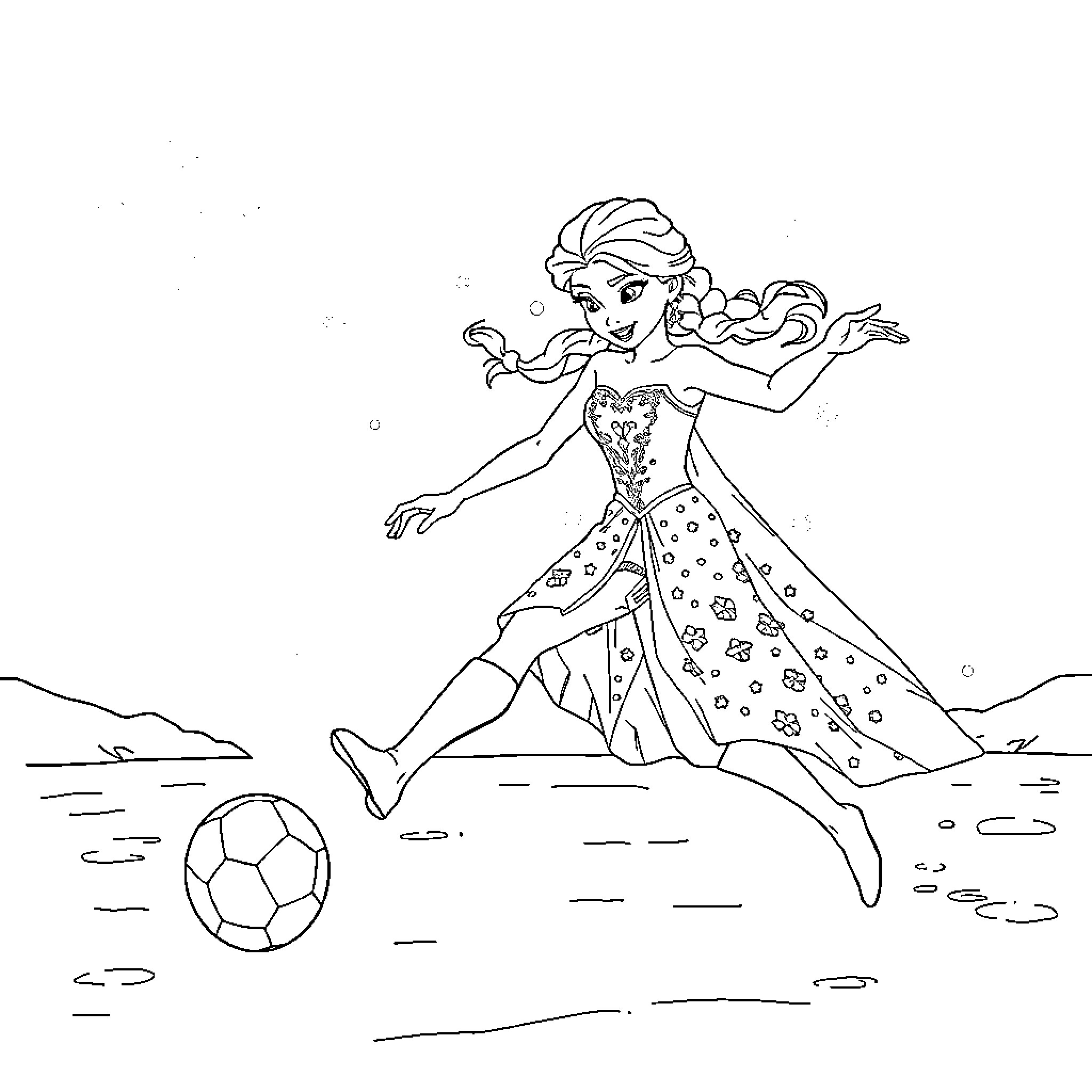 Princess joyfully playing with soccer ball Coloring Page (free black-and-white line drawing printable PDF for all, from beginners to advanced learners, including children, teens, adults, and seniors)