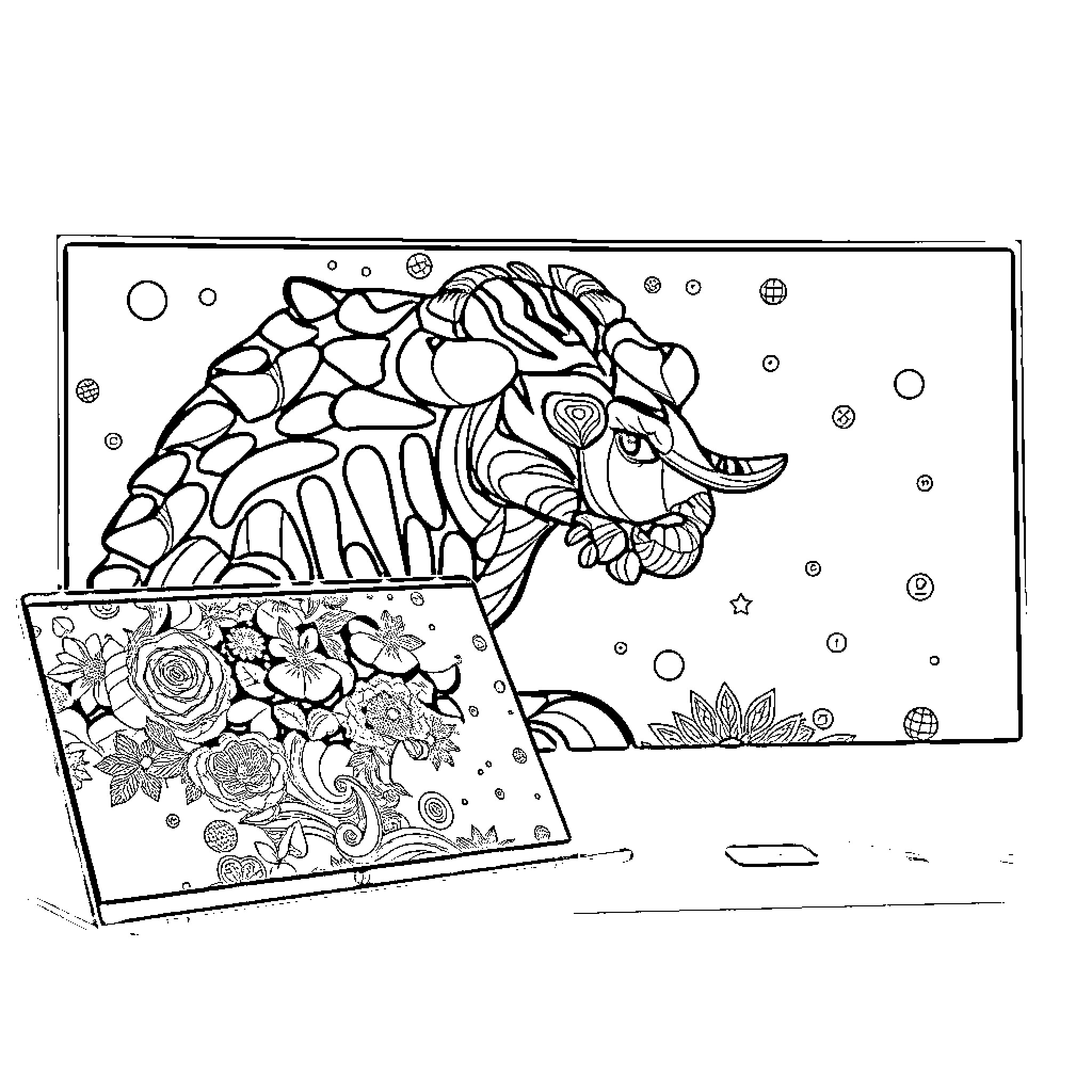 Chromebook Displaying Intricate Floral Artwork Coloring Page (free black-and-white line drawing printable PDF for all, from beginners to advanced learners, including children, teens, adults, and seniors)
