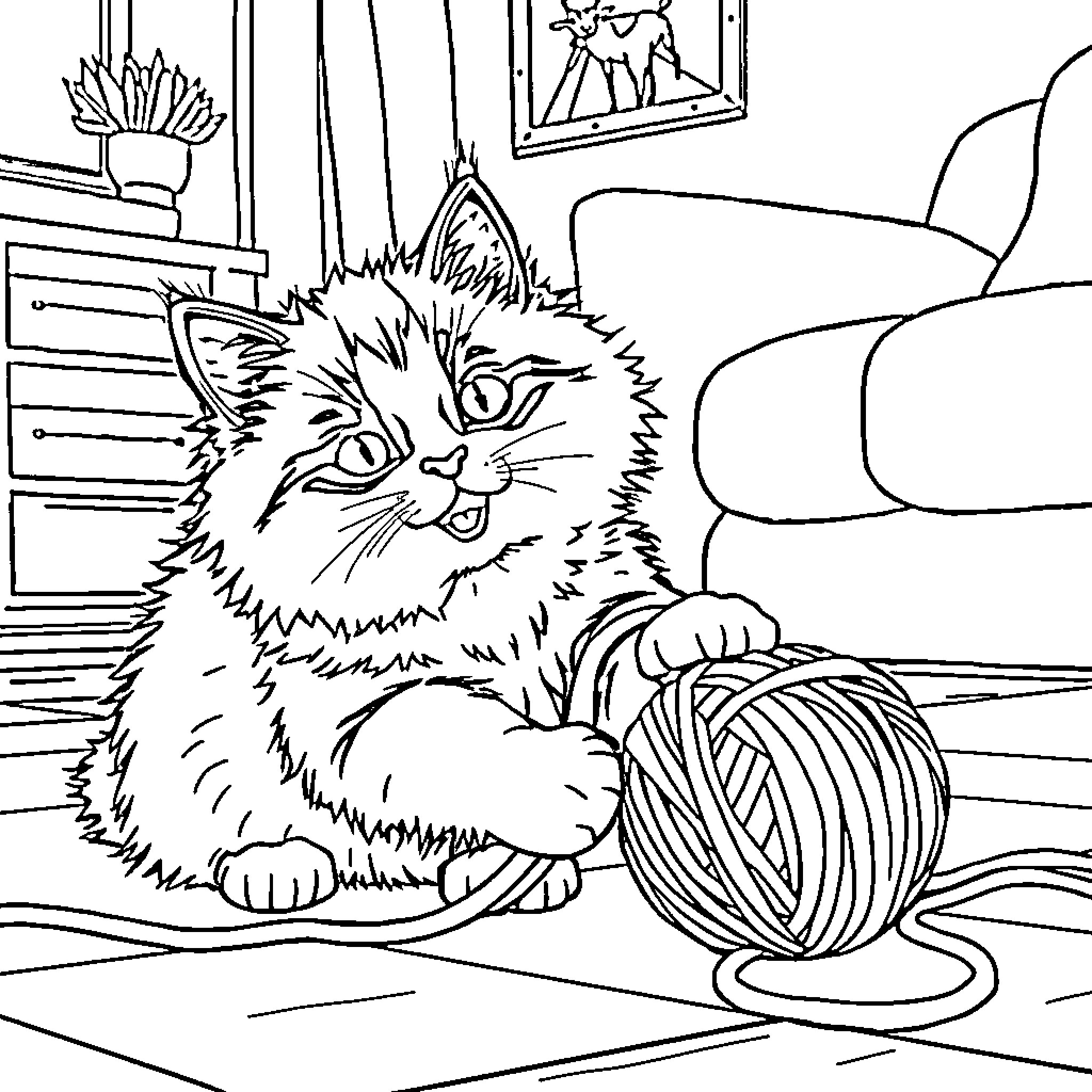 Cat Playing with Yarn in Cozy Room Coloring Page (free black-and-white line drawing printable PDF for all, from beginners to advanced learners, including children, teens, adults, and seniors)