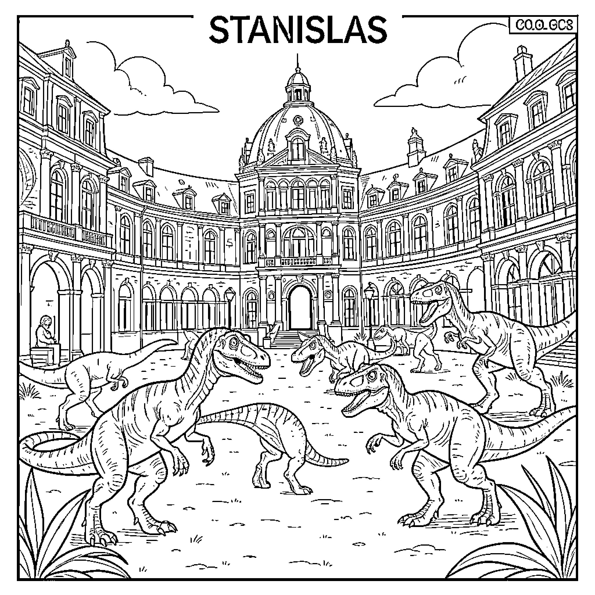 Velociraptors interacting in a grand palace courtyard Coloring Page (free black-and-white line drawing printable PDF for all, from beginners to advanced learners, including children, teens, adults, and seniors)