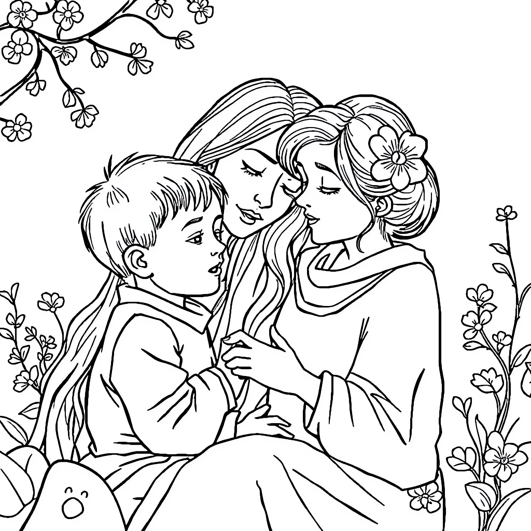 Mom and child sharing tender moment in nature Coloring Page (free black-and-white line drawing printable PDF for all, from beginners to advanced learners, including children, teens, adults, and seniors)