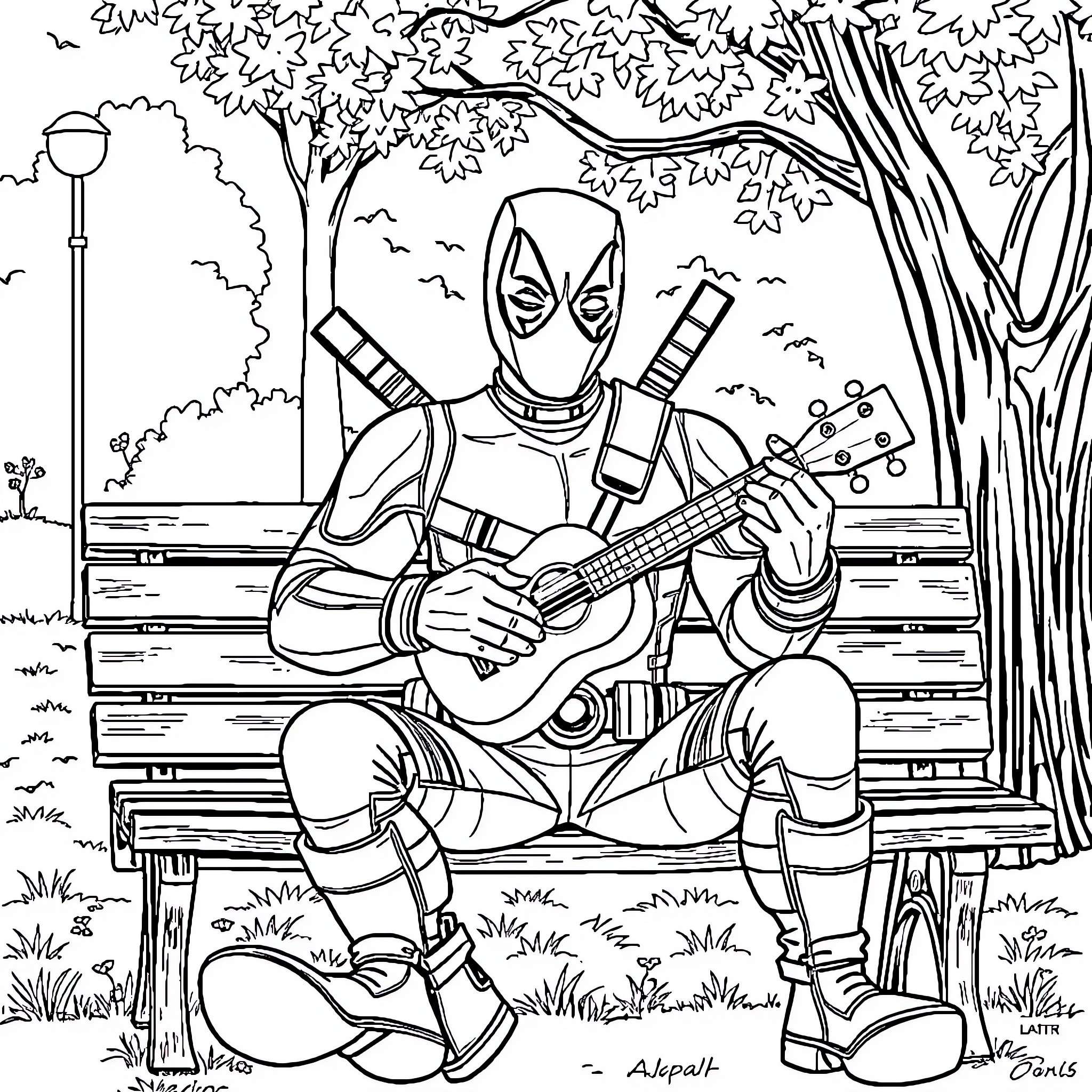 Deadpool Plays Guitar in the Park Coloring Page (free black-and-white line drawing printable PDF for all, from beginners to advanced learners, including children, teens, adults, and seniors)