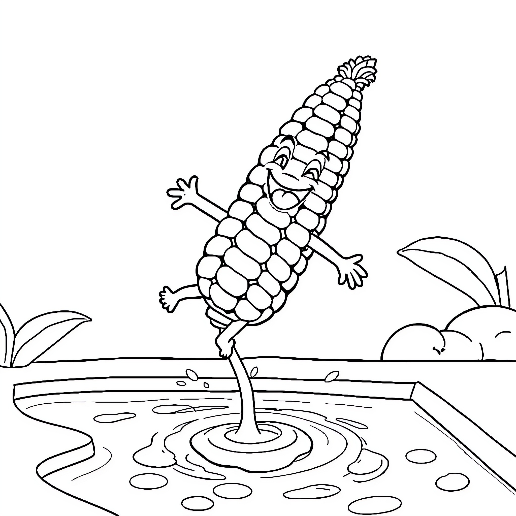 Corn character splashing in puddle Coloring Page (free black-and-white line drawing printable PDF for all, from beginners to advanced learners, including children, teens, adults, and seniors)