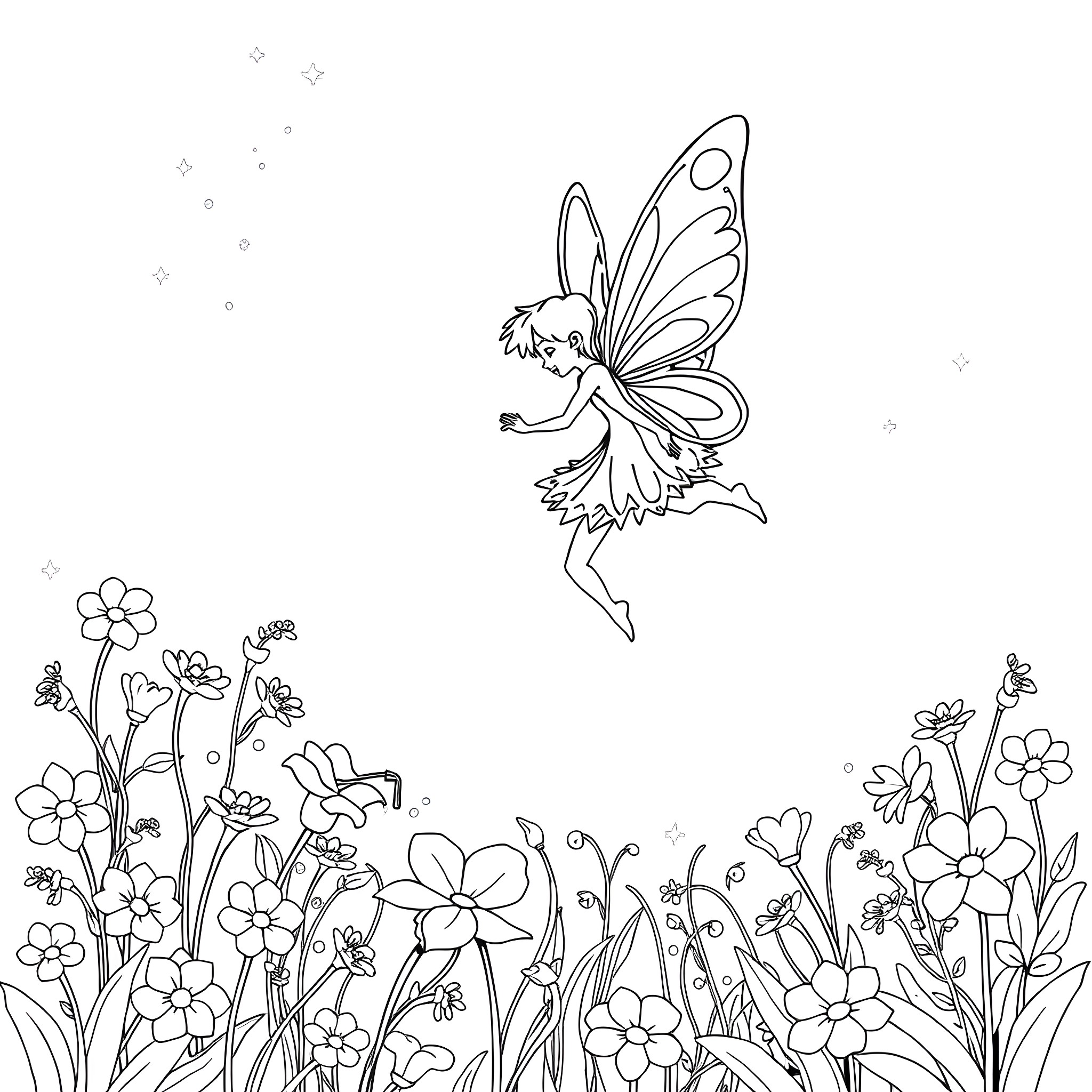 Fairy flying amidst whimsical flowers Coloring Page (free black-and-white line drawing printable PDF for all, from beginners to advanced learners, including children, teens, adults, and seniors)