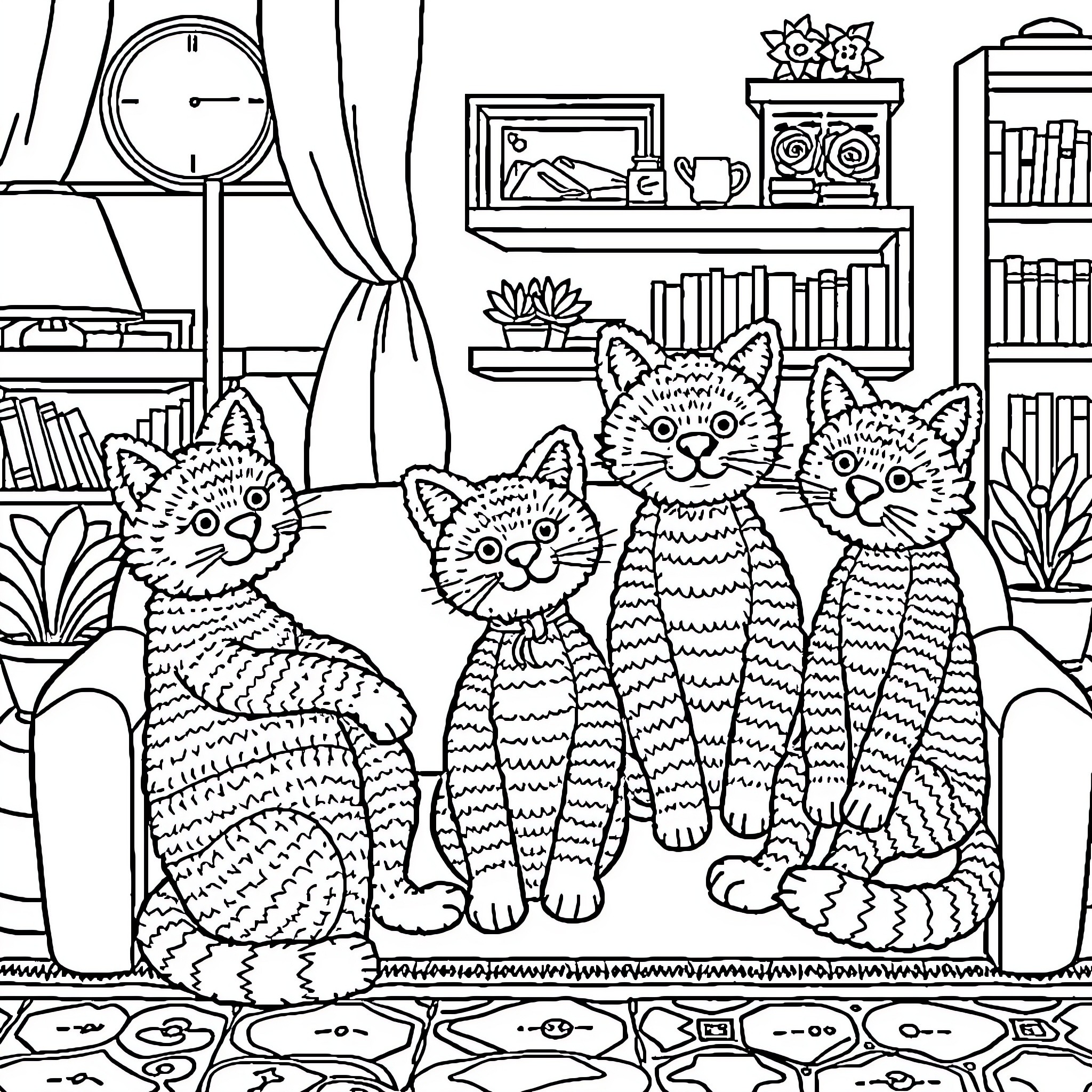 Cat Family Relaxing at Home Coloring Page (free black-and-white line drawing printable PDF for all, from beginners to advanced learners, including children, teens, adults, and seniors)