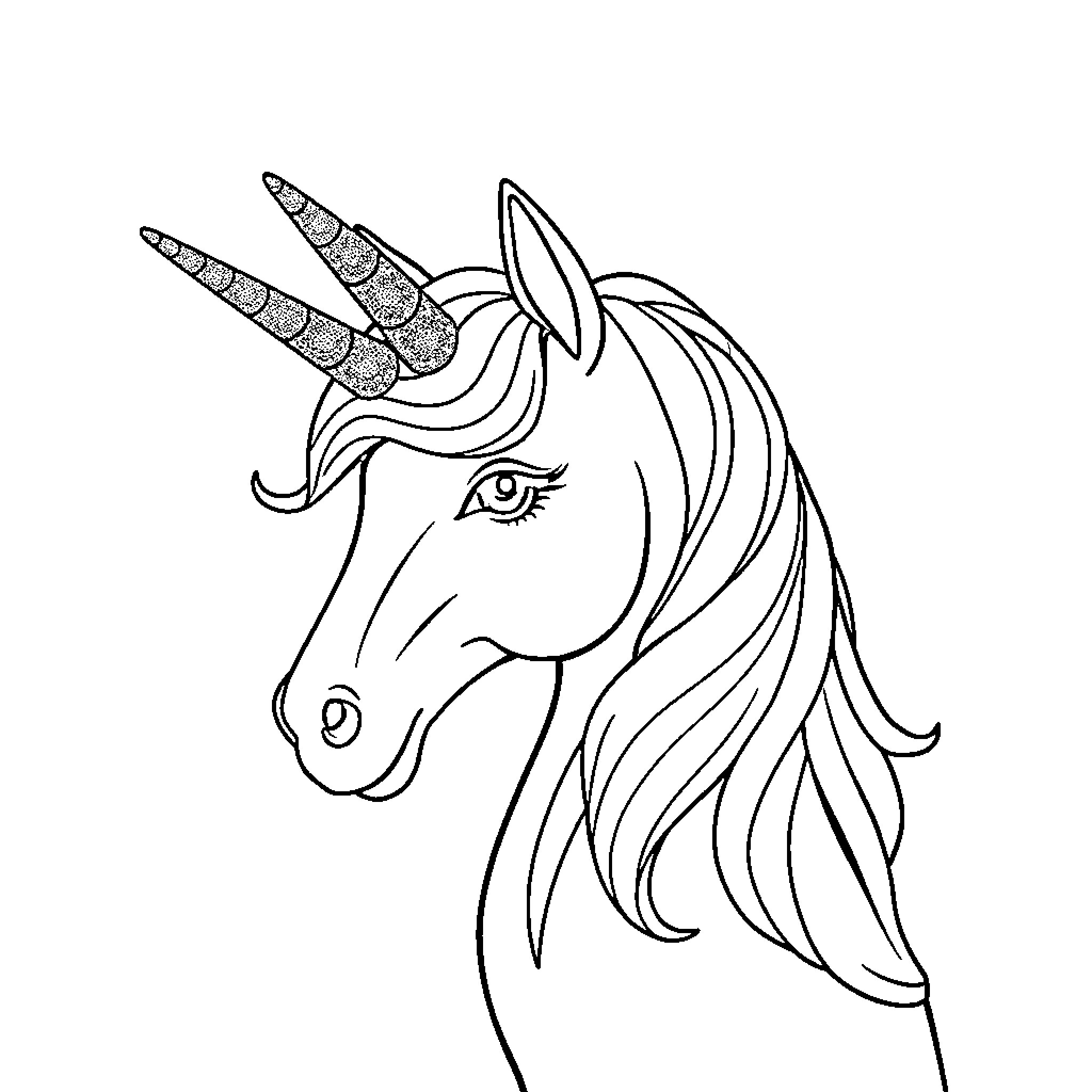 Unicorn with majestic horn and flowing mane Coloring Page (free black-and-white line drawing printable PDF for all, from beginners to advanced learners, including children, teens, adults, and seniors)