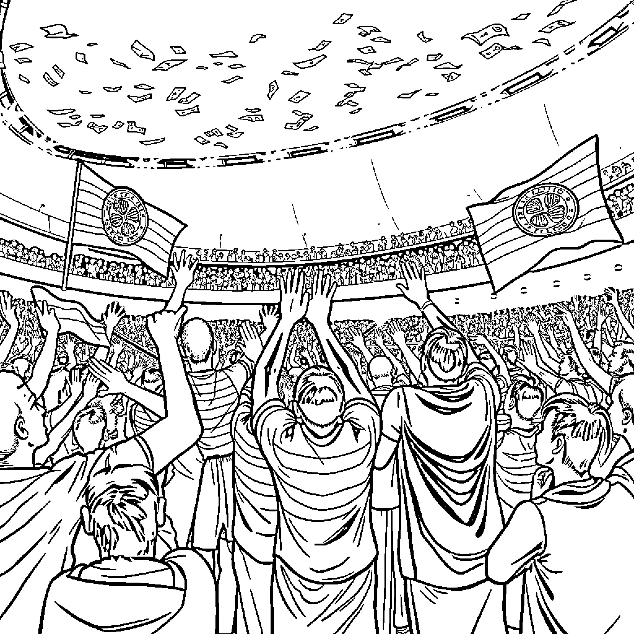 Celtic FC fans cheering passionately in the stadium Coloring Page (free black-and-white line drawing printable PDF for all, from beginners to advanced learners, including children, teens, adults, and seniors)