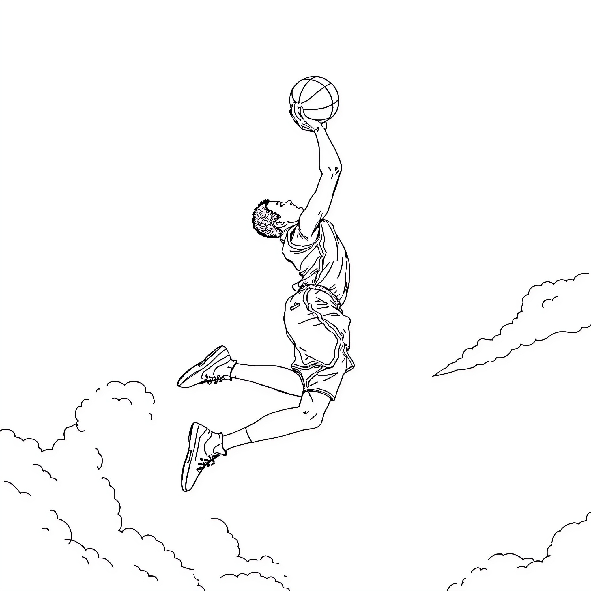 Man soaring high with basketball in the air Coloring Page (free black-and-white line drawing printable PDF for all, from beginners to advanced learners, including children, teens, adults, and seniors)