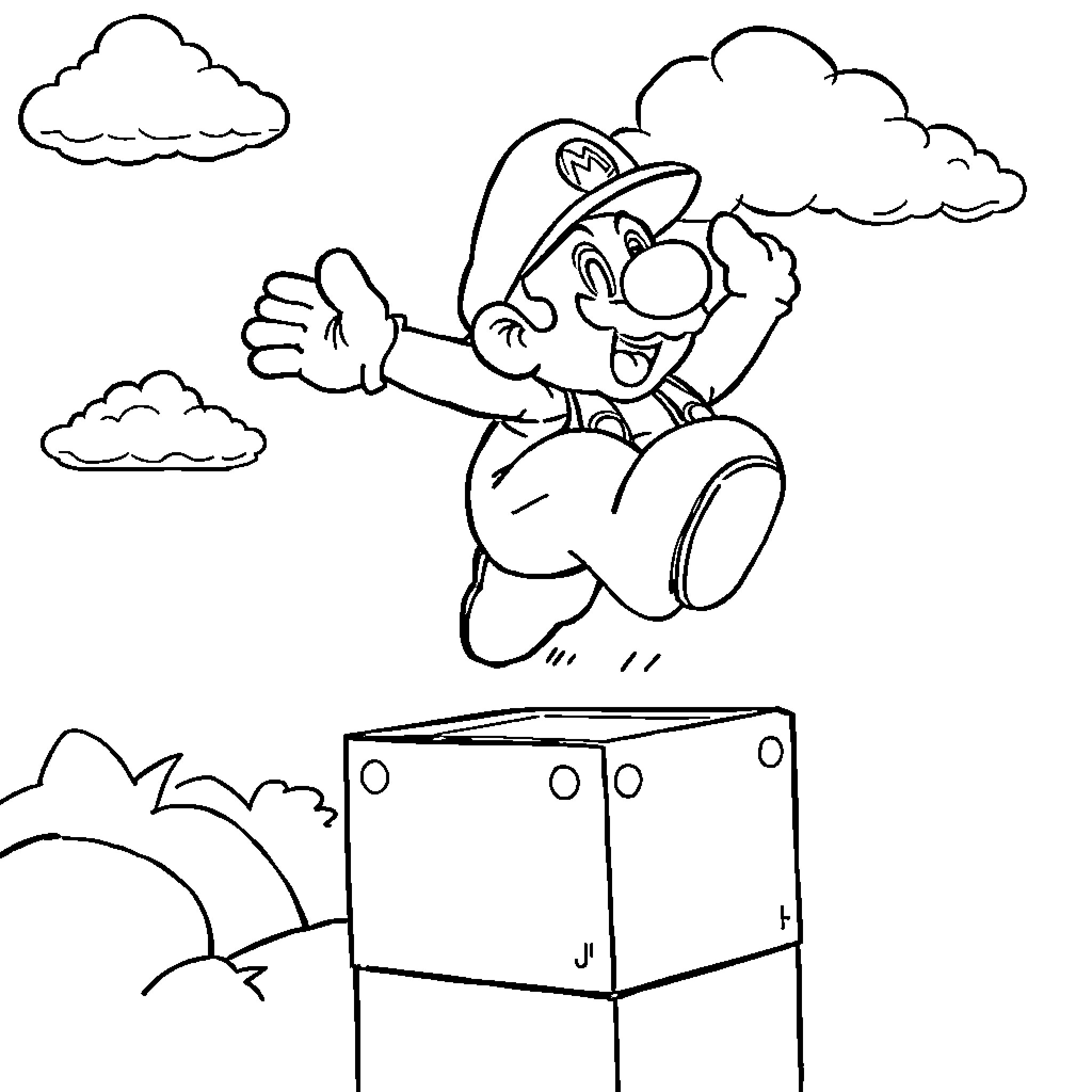 Mario jumping happily over boxes in the clouds Coloring Page (free black-and-white line drawing printable PDF for all, from beginners to advanced learners, including children, teens, adults, and seniors)