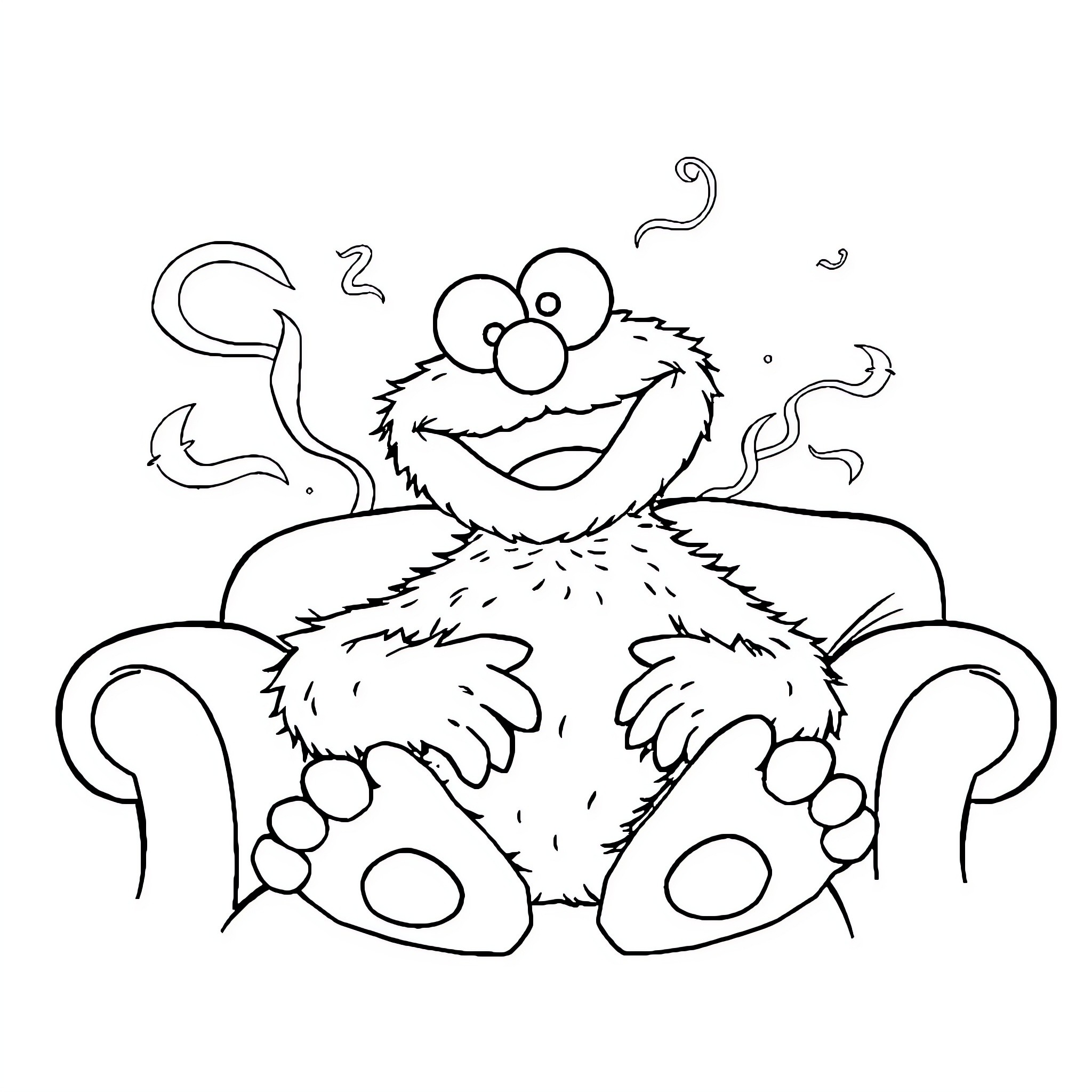 Cookie Monster relaxing on a cozy chair Coloring Page (free black-and-white line drawing printable PDF for all, from beginners to advanced learners, including children, teens, adults, and seniors)