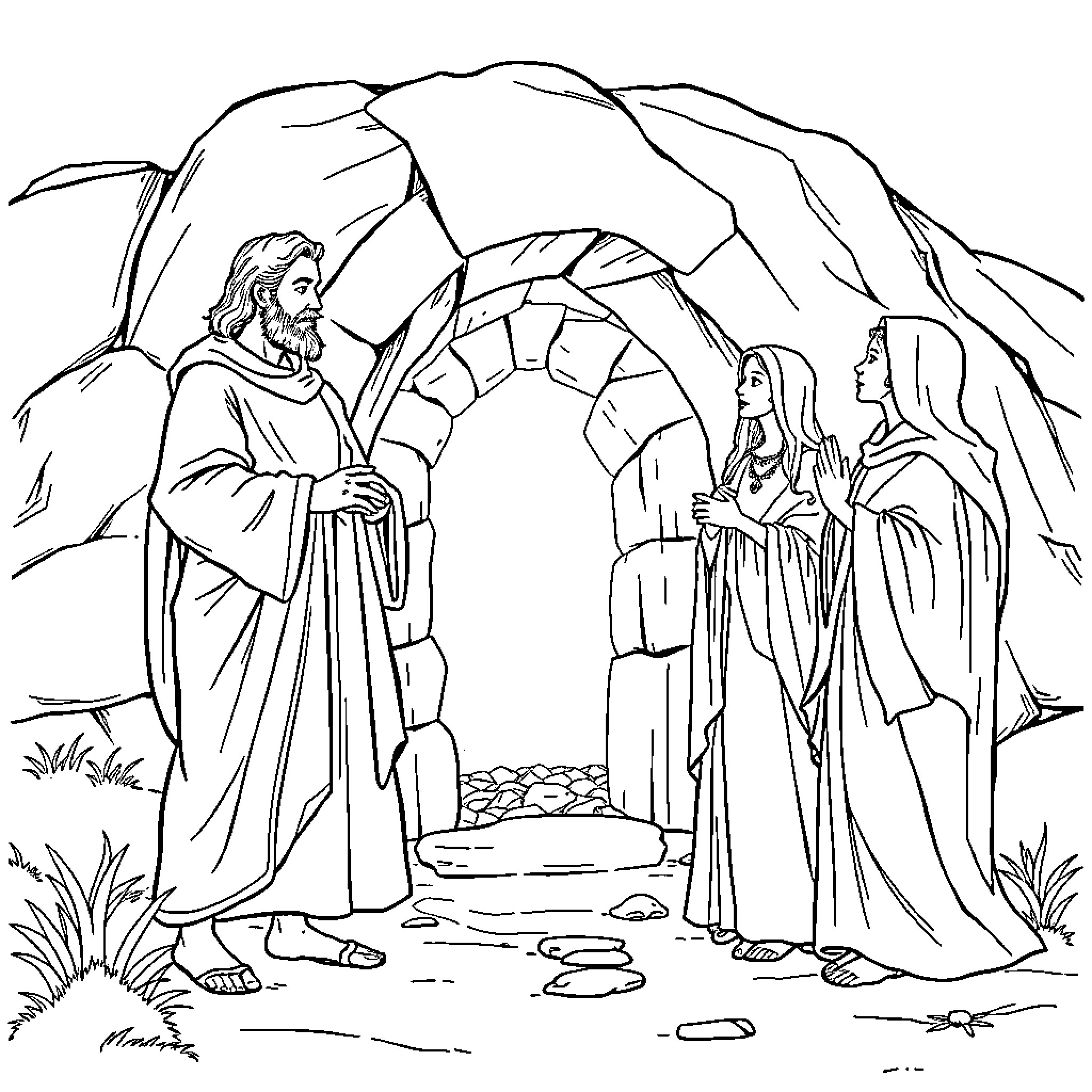 Man Teaching Disciples in Cave Entrance Coloring Page (free black-and-white line drawing printable PDF for all, from beginners to advanced learners, including children, teens, adults, and seniors)