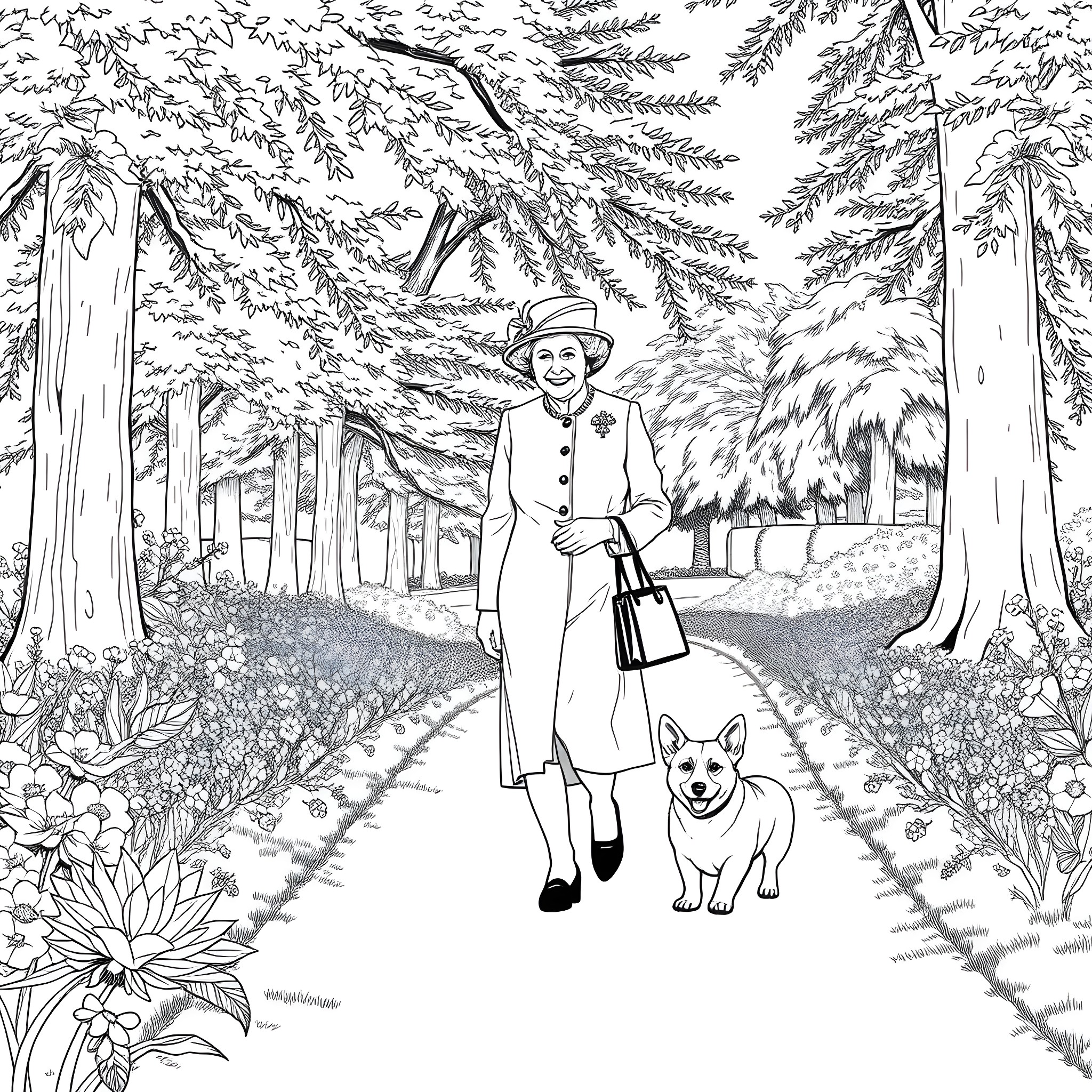 Queen walking her dog in a wooded forest scene Coloring Page (free black-and-white line drawing printable PDF for all, from beginners to advanced learners, including children, teens, adults, and seniors)
