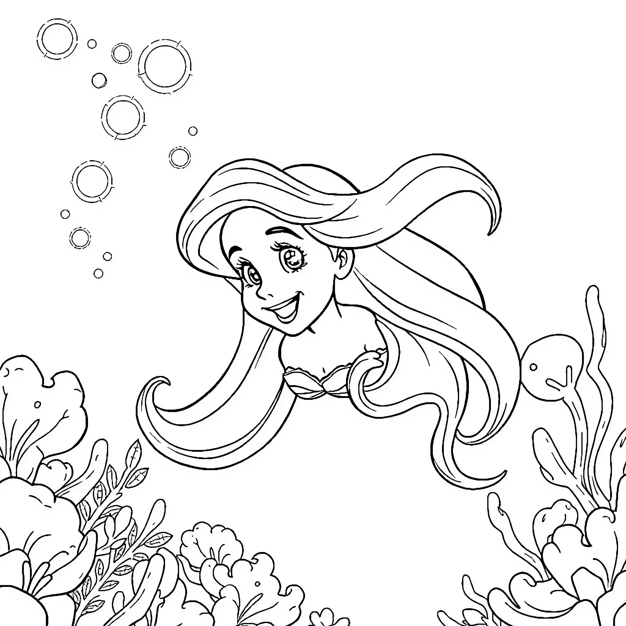 Ariel exploring the underwater world Coloring Page (free black-and-white line drawing printable PDF for all, from beginners to advanced learners, including children, teens, adults, and seniors)