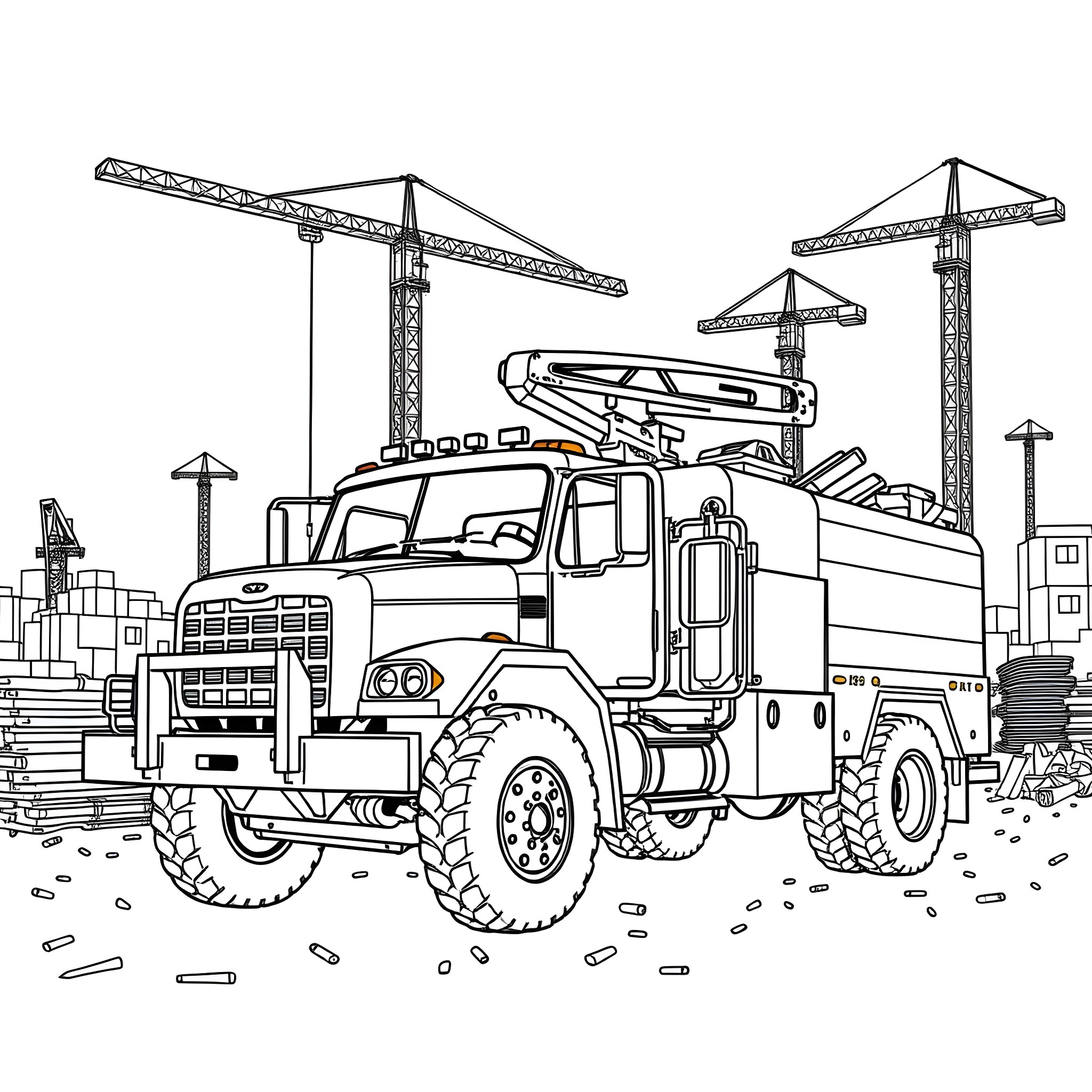 Utility Truck Transporting Equipment on Construction Site Coloring Page (free black-and-white line drawing printable PDF for all, from beginners to advanced learners, including children, teens, adults, and seniors)