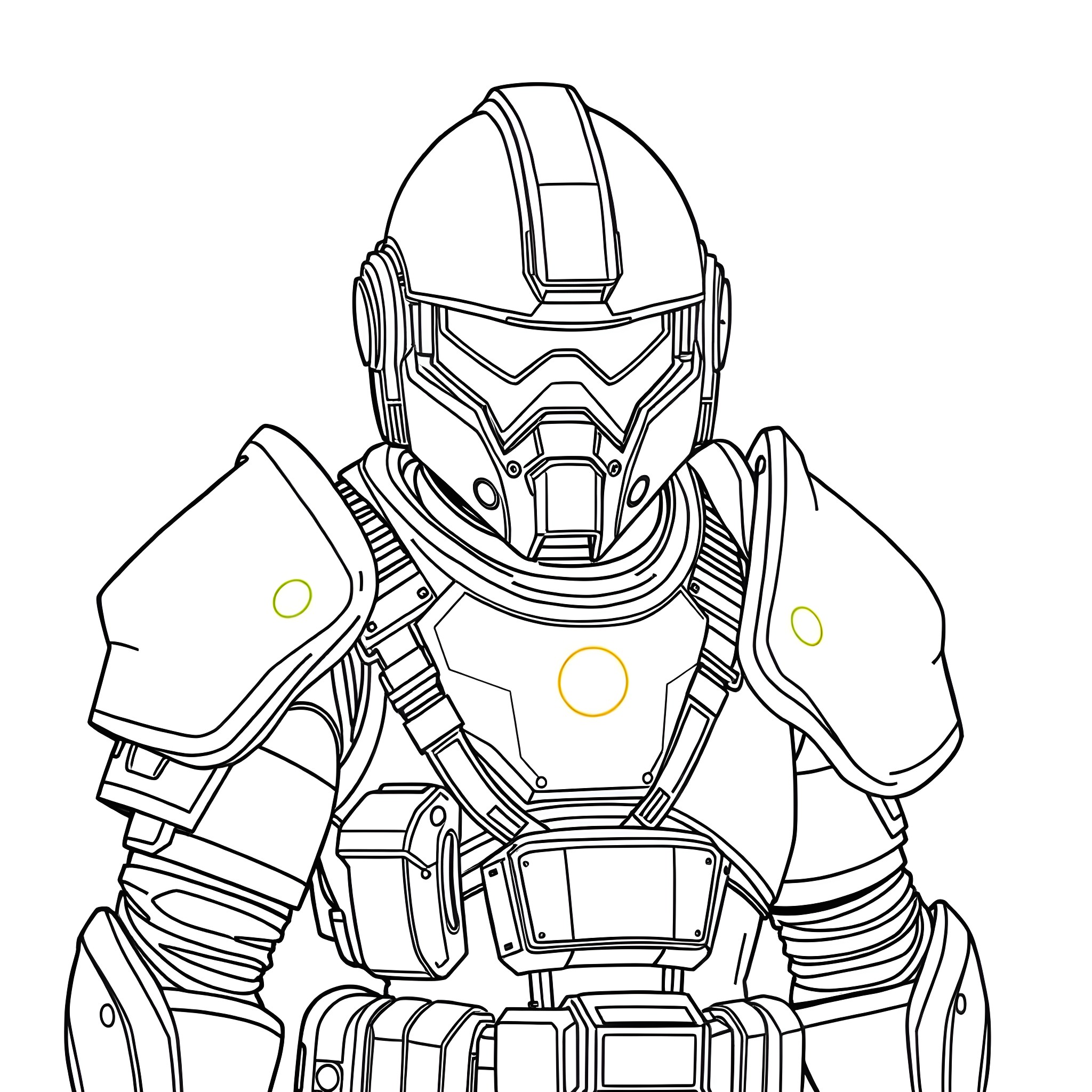 Fallout Armor of a Futuristic Soldier Coloring Page (free black-and-white line drawing printable PDF for all, from beginners to advanced learners, including children, teens, adults, and seniors)