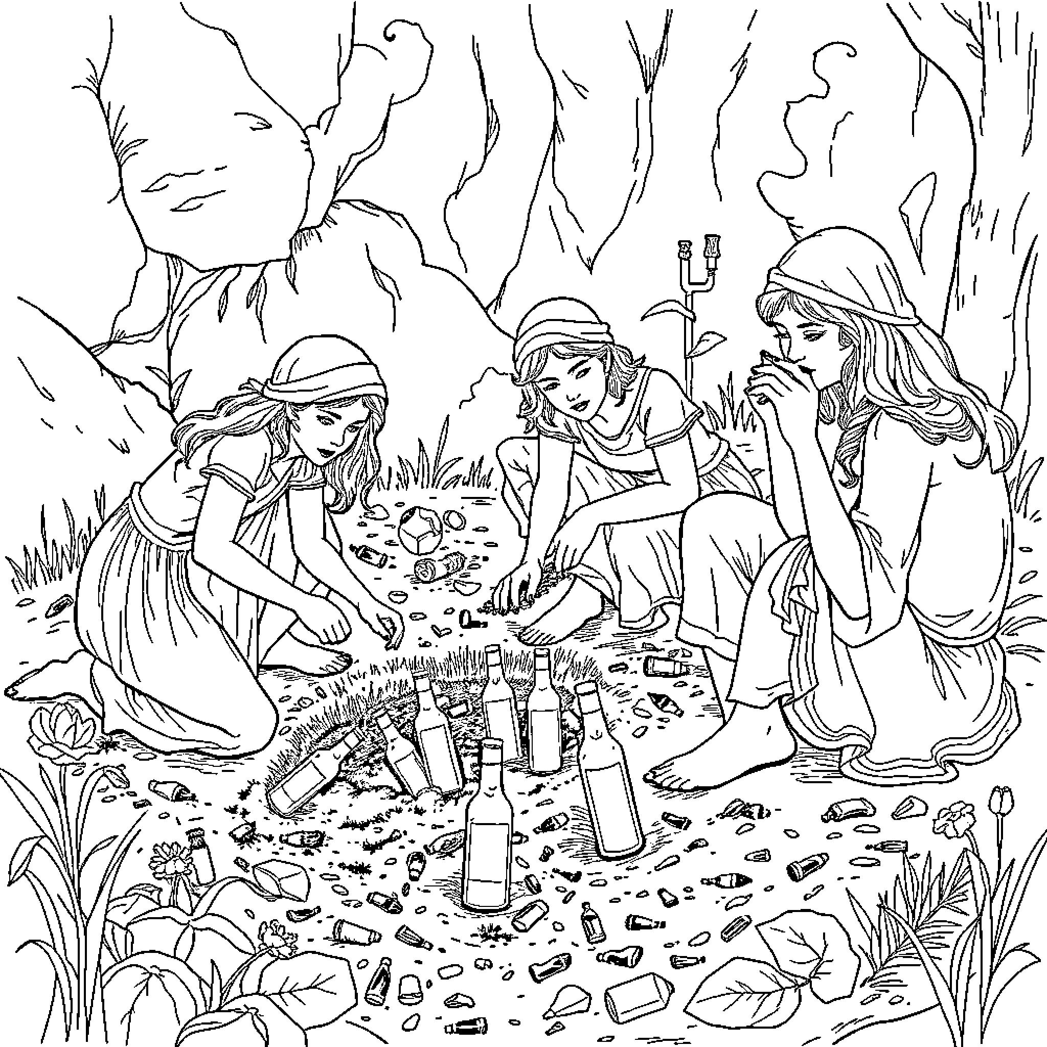 Women gathered in nature enjoying a picnic Coloring Page (free black-and-white line drawing printable PDF for all, from beginners to advanced learners, including children, teens, adults, and seniors)
