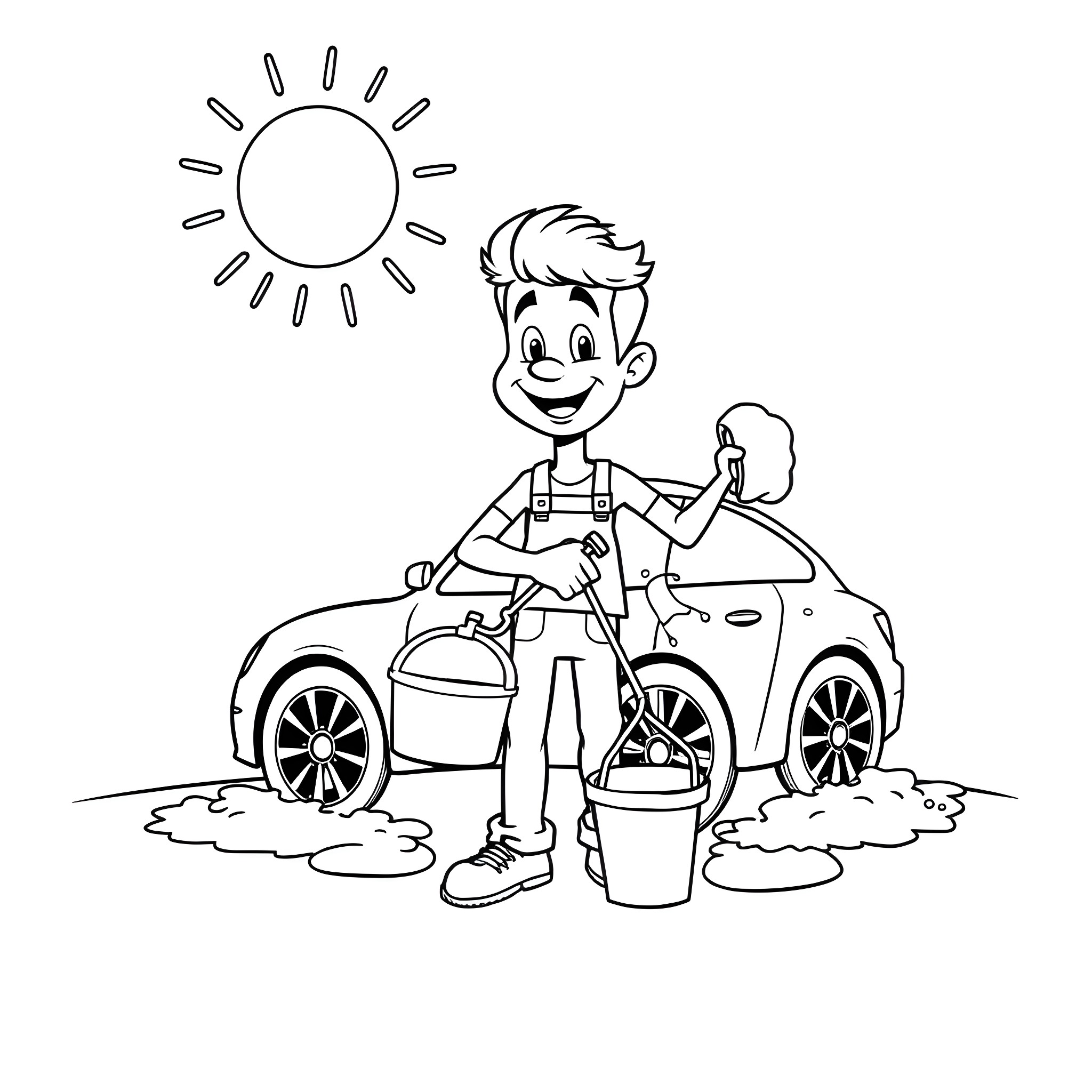 Man Washing His Car on a Sunny Day Coloring Page (free black-and-white line drawing printable PDF for all, from beginners to advanced learners, including children, teens, adults, and seniors)