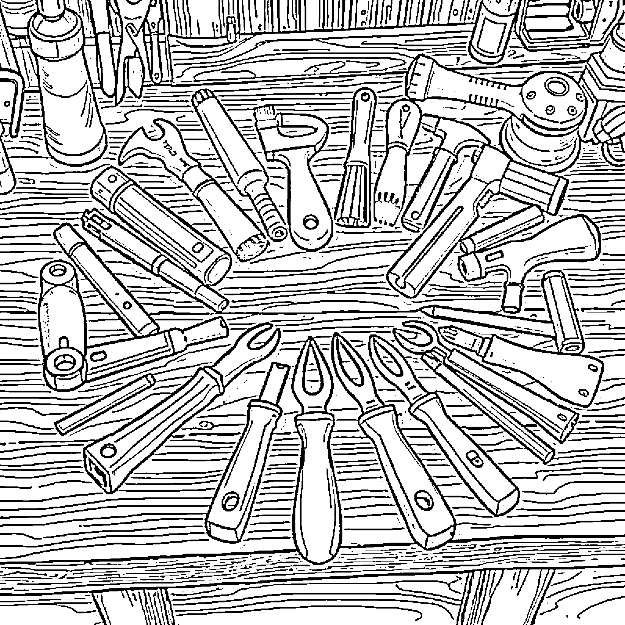 Tool Collection of Mechanical Parts and Instruments Coloring Page (free black-and-white line drawing printable PDF for all, from beginners to advanced learners, including children, teens, adults, and seniors)