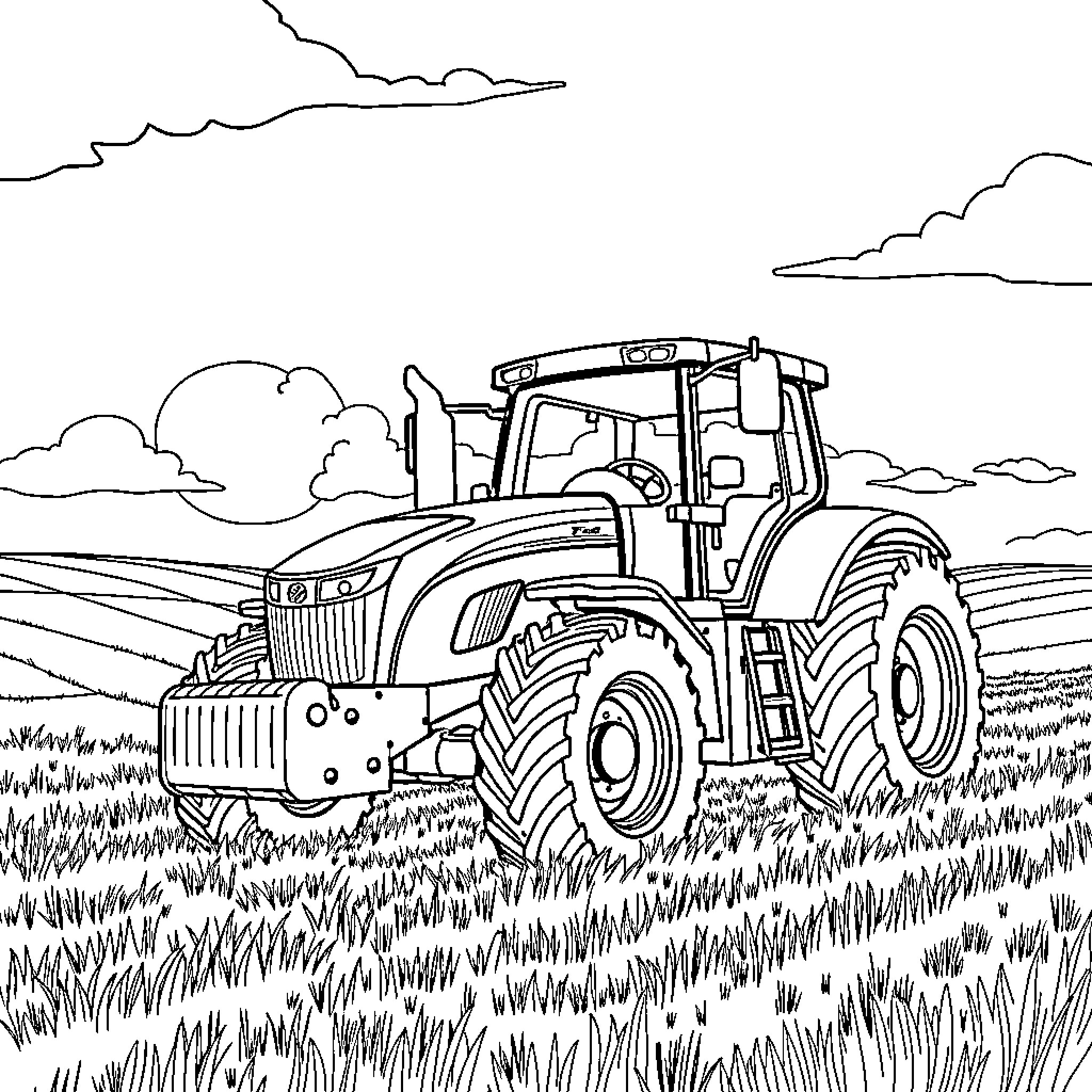 Tractor working diligently in the field Coloring Page (free black-and-white line drawing printable PDF for all, from beginners to advanced learners, including children, teens, adults, and seniors)
