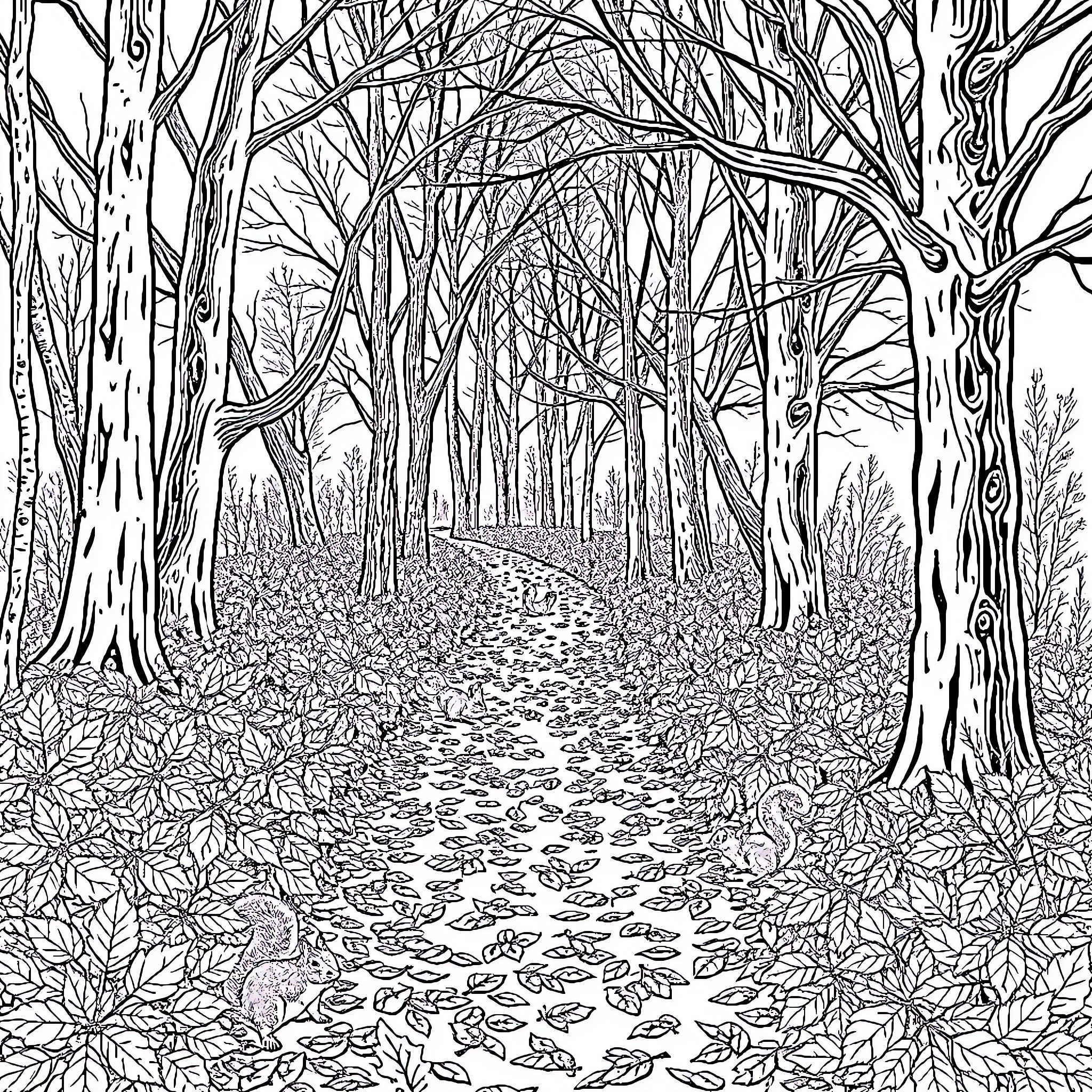 Trail Through the Enchanted Forest Pathway Coloring Page (free black-and-white line drawing printable PDF for all, from beginners to advanced learners, including children, teens, adults, and seniors)
