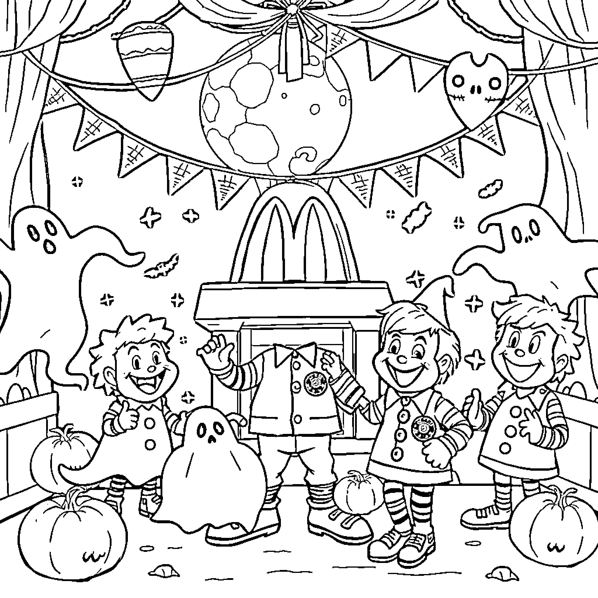 McDonald's Halloween Celebration with Characters Coloring Page (free black-and-white line drawing printable PDF for all, from beginners to advanced learners, including children, teens, adults, and seniors)