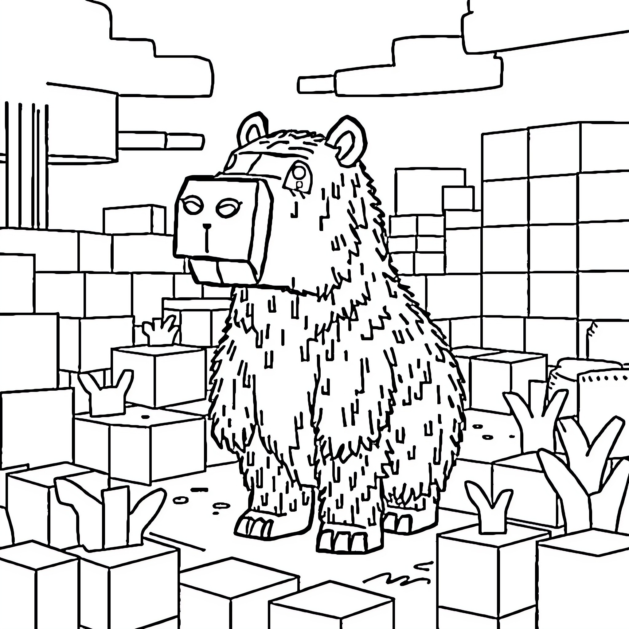 Capybara exploring a surreal geometric landscape Coloring Page (free black-and-white line drawing printable PDF for all, from beginners to advanced learners, including children, teens, adults, and seniors)