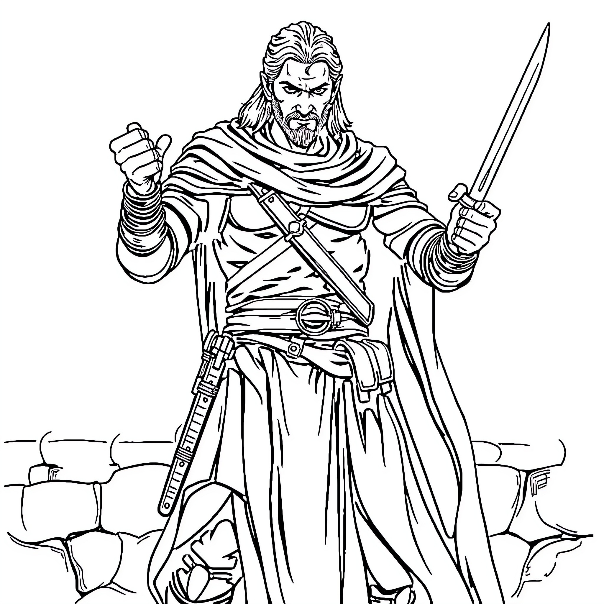Ezio Auditore's Triumphant Warrior Stance Coloring Page (free black-and-white line drawing printable PDF for all, from beginners to advanced learners, including children, teens, adults, and seniors)