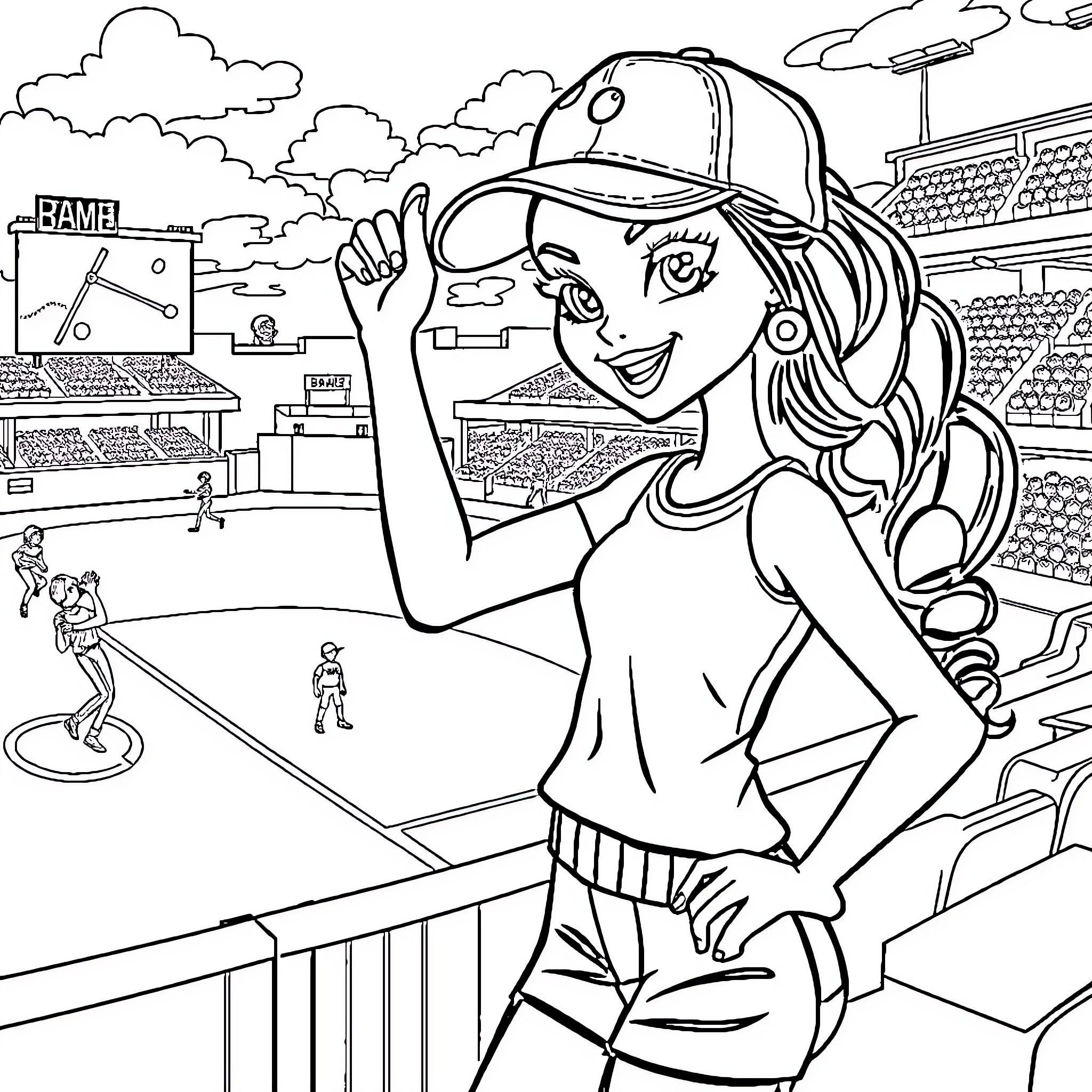 Bratz Girl Cheers Excitedly at a Sports Match Coloring Page (free black-and-white line drawing printable PDF for all, from beginners to advanced learners, including children, teens, adults, and seniors)