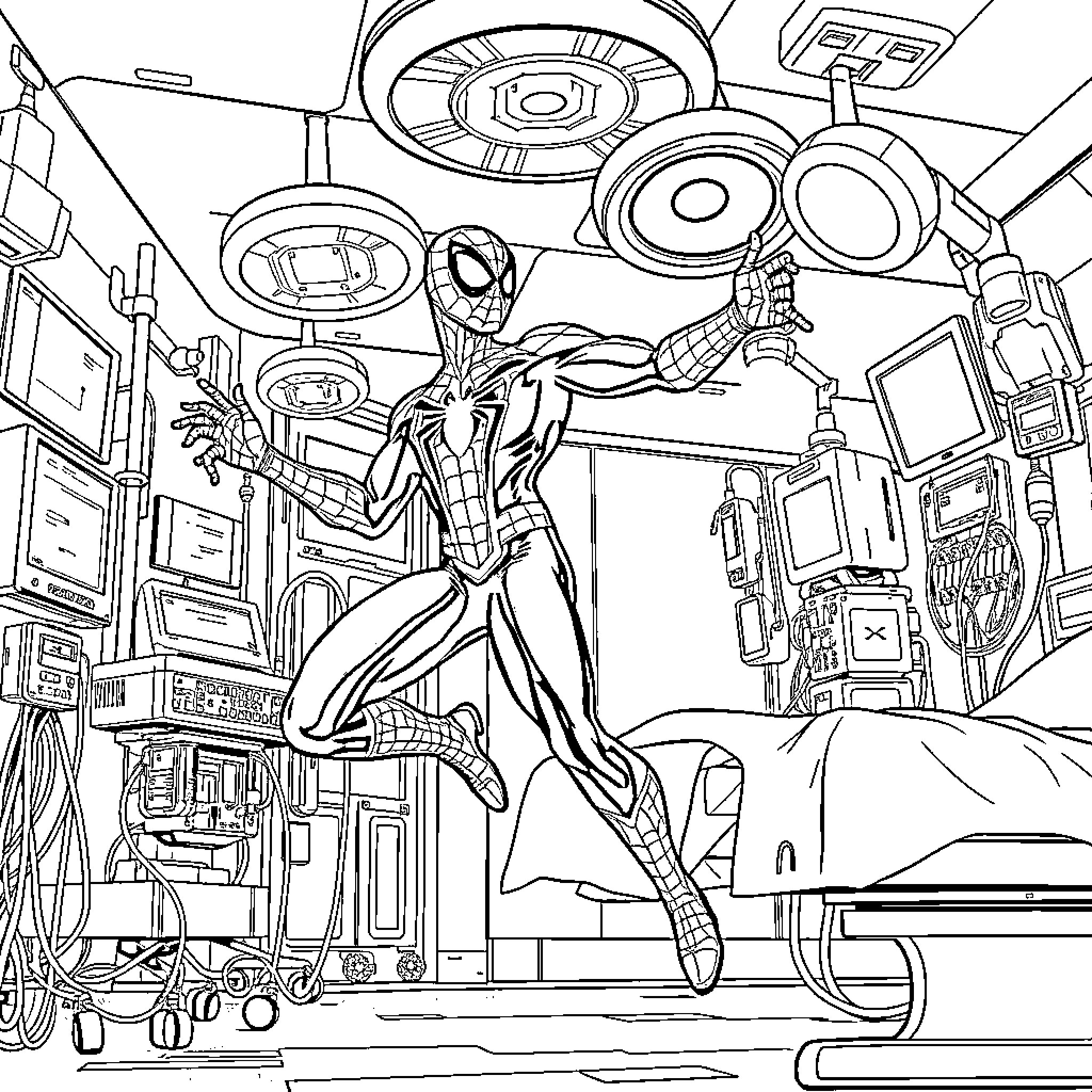 Spiderman swinging through a high-tech laboratory Coloring Page (free black-and-white line drawing printable PDF for all, from beginners to advanced learners, including children, teens, adults, and seniors)