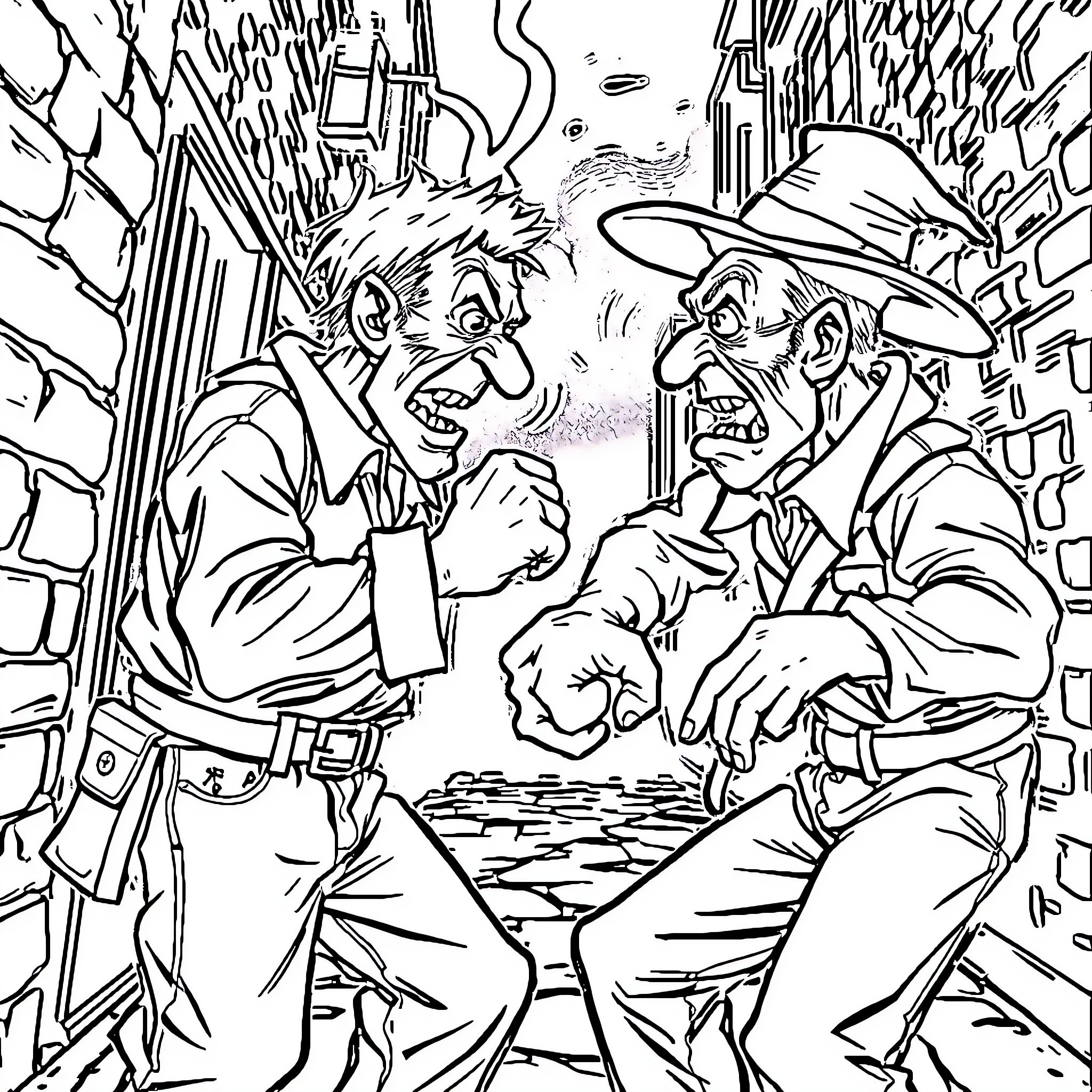 Hobo Pals Engage in Heated Dispute in Alleyway Coloring Page (free black-and-white line drawing printable PDF for all, from beginners to advanced learners, including children, teens, adults, and seniors)