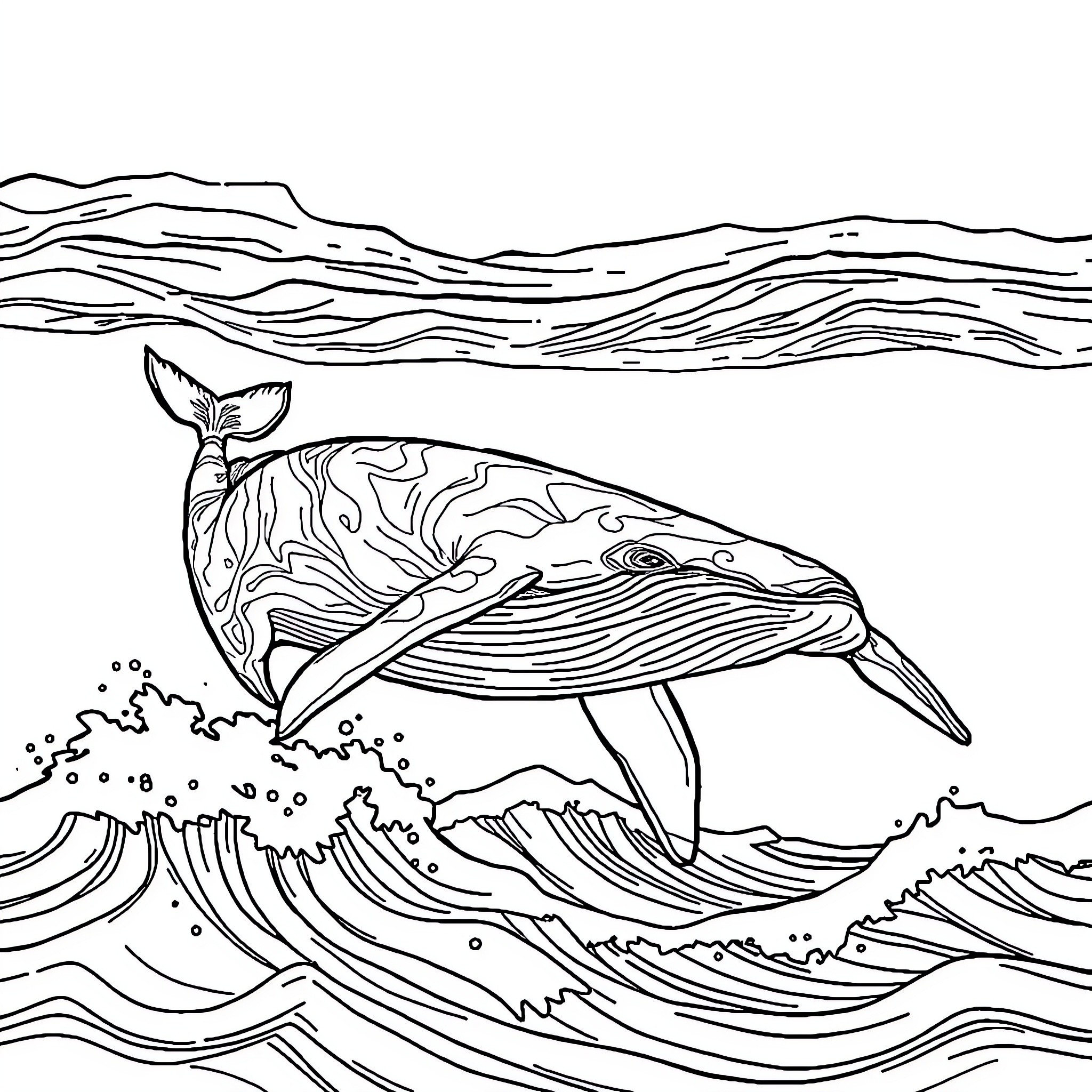 Whale swimming gracefully through oceanic waves Coloring Page (free black-and-white line drawing printable PDF for all, from beginners to advanced learners, including children, teens, adults, and seniors)