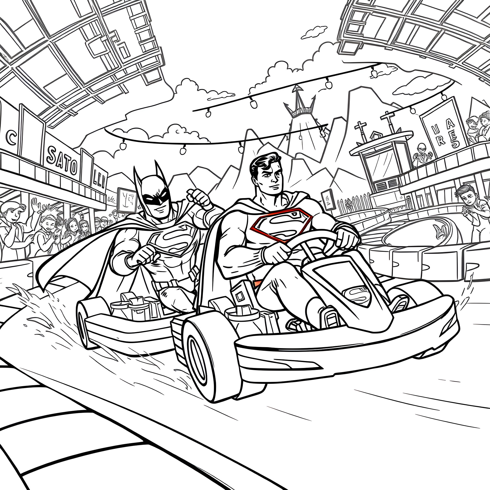 Batman and Superman racing in the city Coloring Page (free black-and-white line drawing printable PDF for all, from beginners to advanced learners, including children, teens, adults, and seniors)