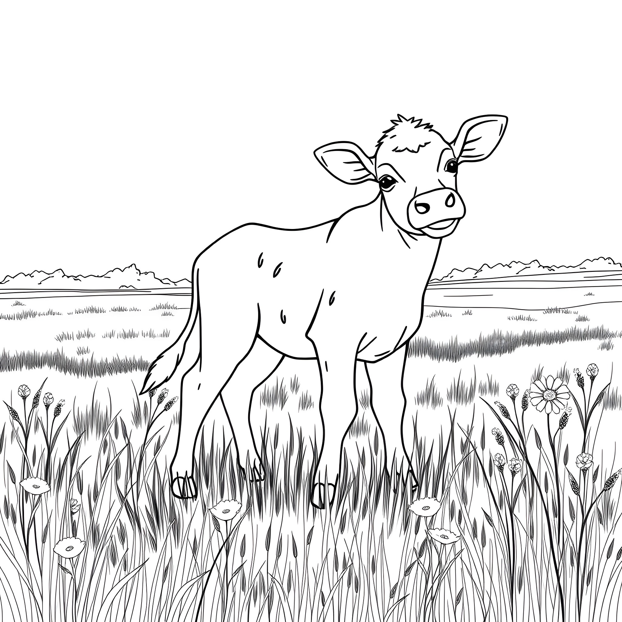 Calf standing in a grassy field Coloring Page (free black-and-white line drawing printable PDF for all, from beginners to advanced learners, including children, teens, adults, and seniors)