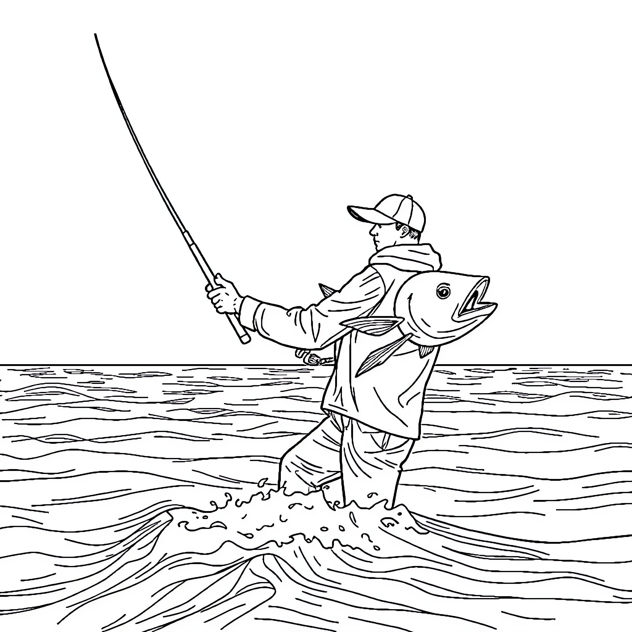 Guy fishing with large catch in the water Coloring Page (free black-and-white line drawing printable PDF for all, from beginners to advanced learners, including children, teens, adults, and seniors)
