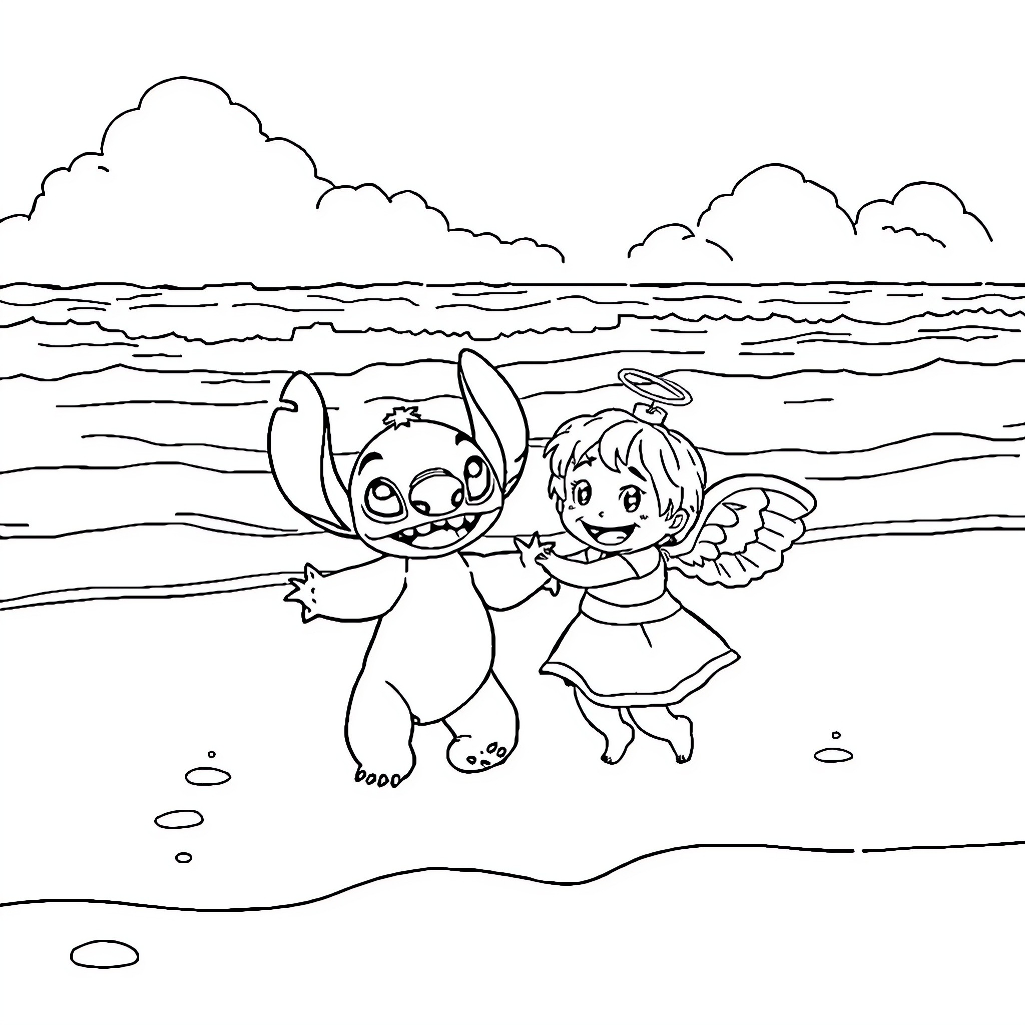 Stitch and Angel playing on the beach Coloring Page (free black-and-white line drawing printable PDF for all, from beginners to advanced learners, including children, teens, adults, and seniors)