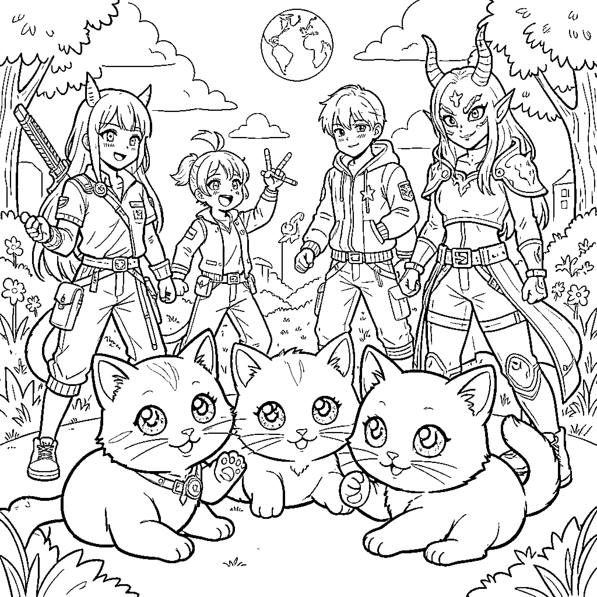 Kitten Explorers on a Magical Adventure Coloring Page (free black-and-white line drawing printable PDF for all, from beginners to advanced learners, including children, teens, adults, and seniors)