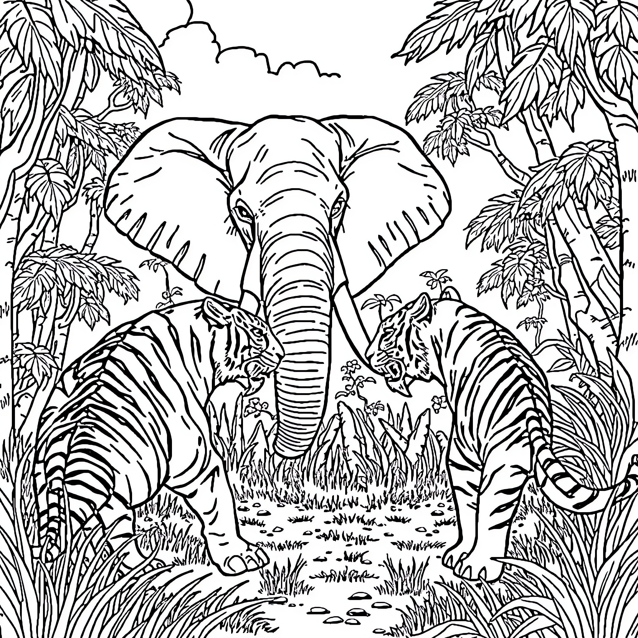 Elephant vs Tiger in Jungle Encounter Coloring Page (free black-and-white line drawing printable PDF for all, from beginners to advanced learners, including children, teens, adults, and seniors)