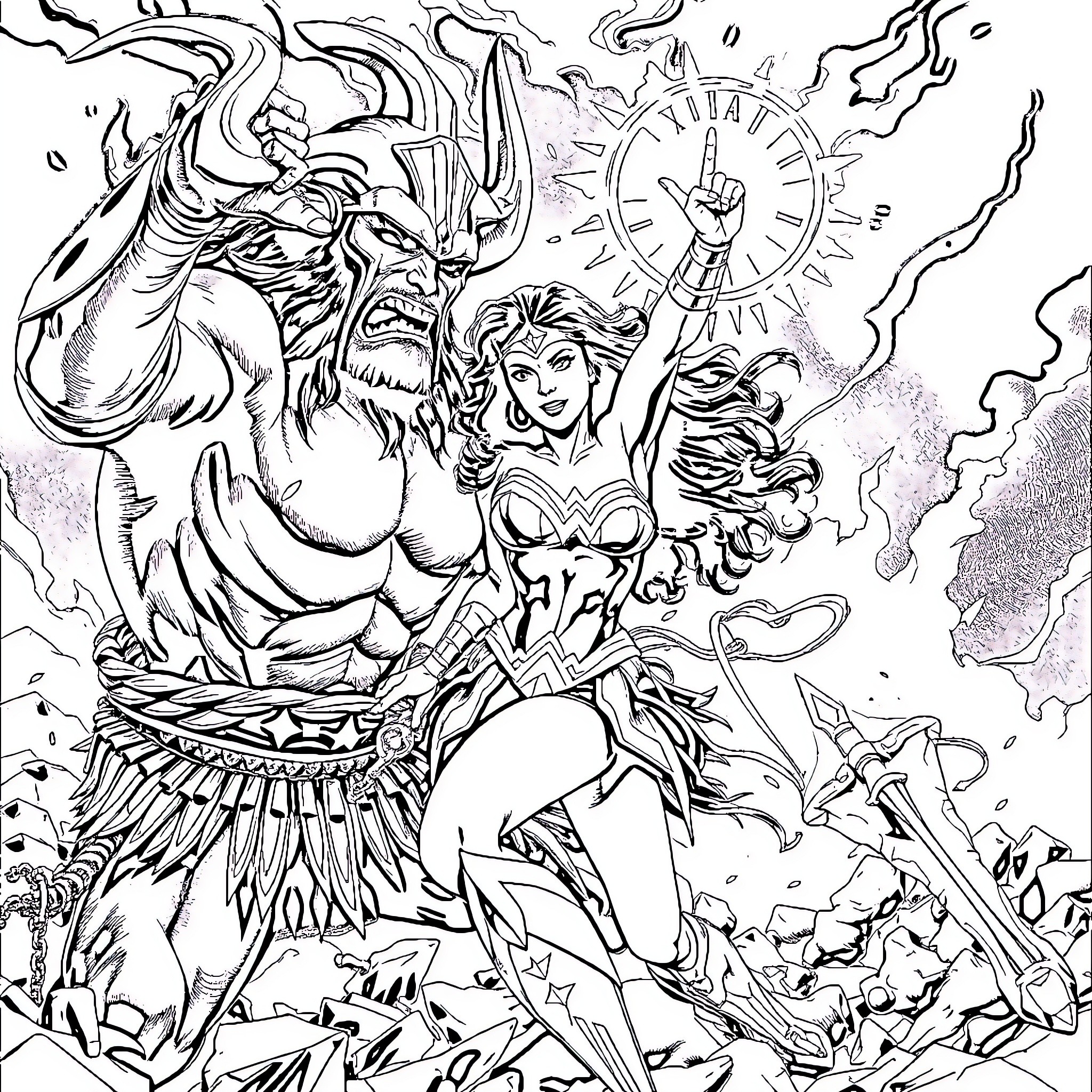Wonder Woman battles a monstrous foe in an epic scene Coloring Page (free black-and-white line drawing printable PDF for all, from beginners to advanced learners, including children, teens, adults, and seniors)