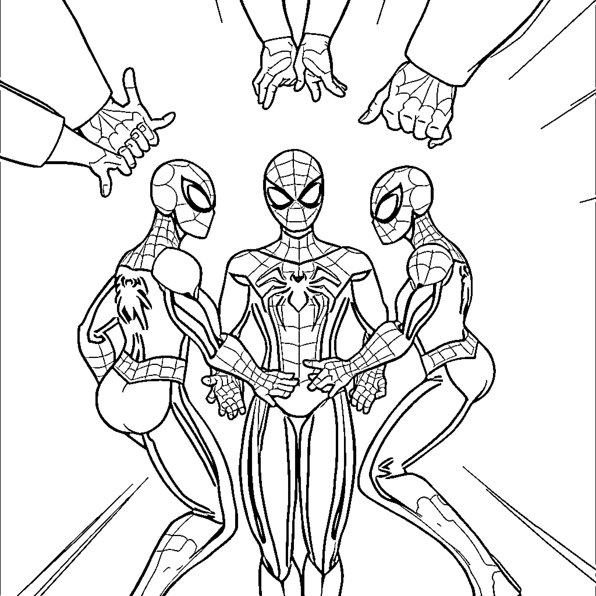 Spidey heroes in action-packed poses Coloring Page (free black-and-white line drawing printable PDF for all, from beginners to advanced learners, including children, teens, adults, and seniors)
