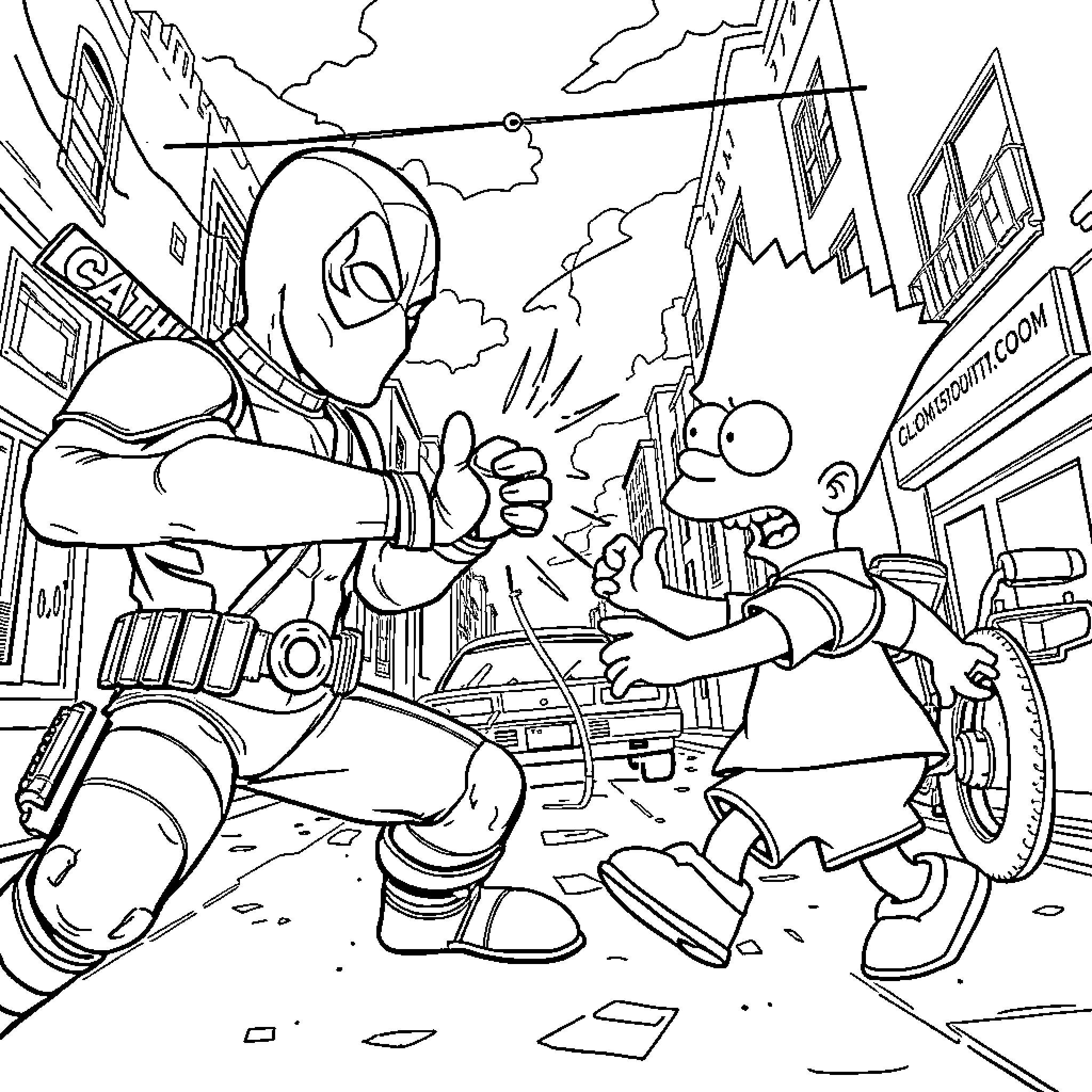 Deadpool fighting comically with a character Coloring Page (free black-and-white line drawing printable PDF for all, from beginners to advanced learners, including children, teens, adults, and seniors)