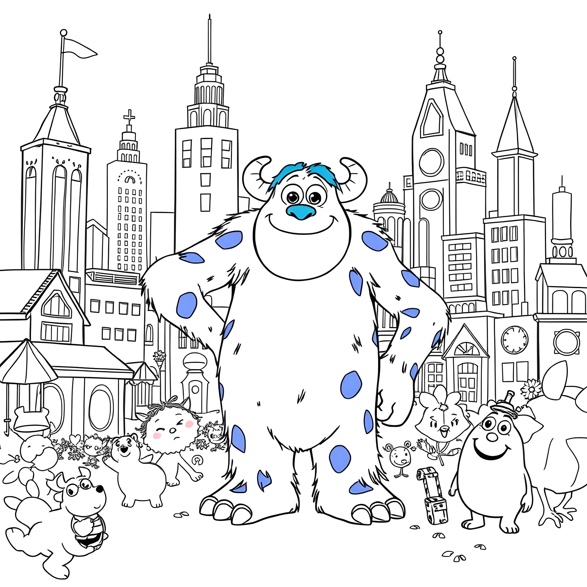 Sulley enjoying the city scenery with his monster friends Coloring Page (free black-and-white line drawing printable PDF for all, from beginners to advanced learners, including children, teens, adults, and seniors)