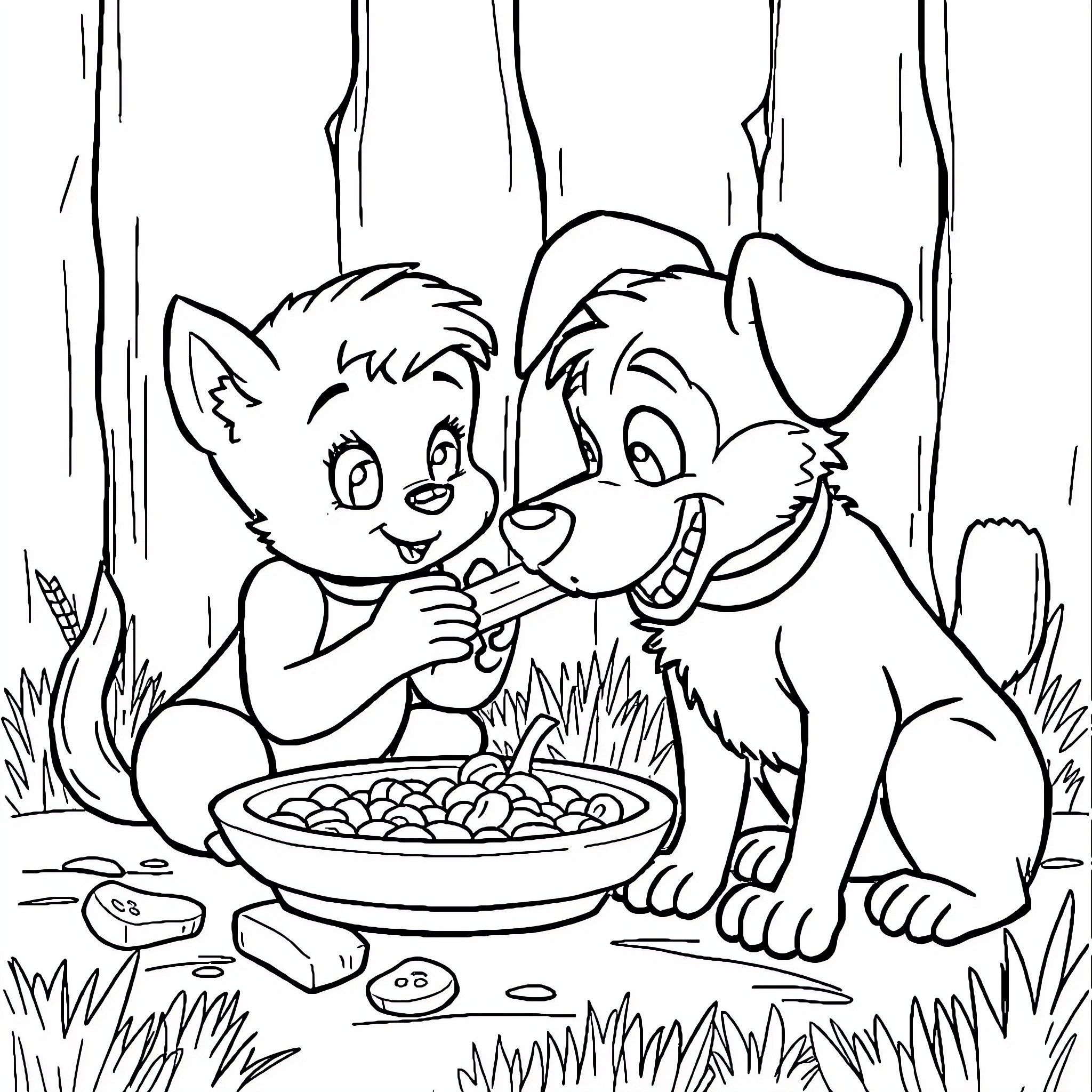 Scarlett's Playful Companions Enjoy a Woodland Feast Coloring Page (free black-and-white line drawing printable PDF for all, from beginners to advanced learners, including children, teens, adults, and seniors)